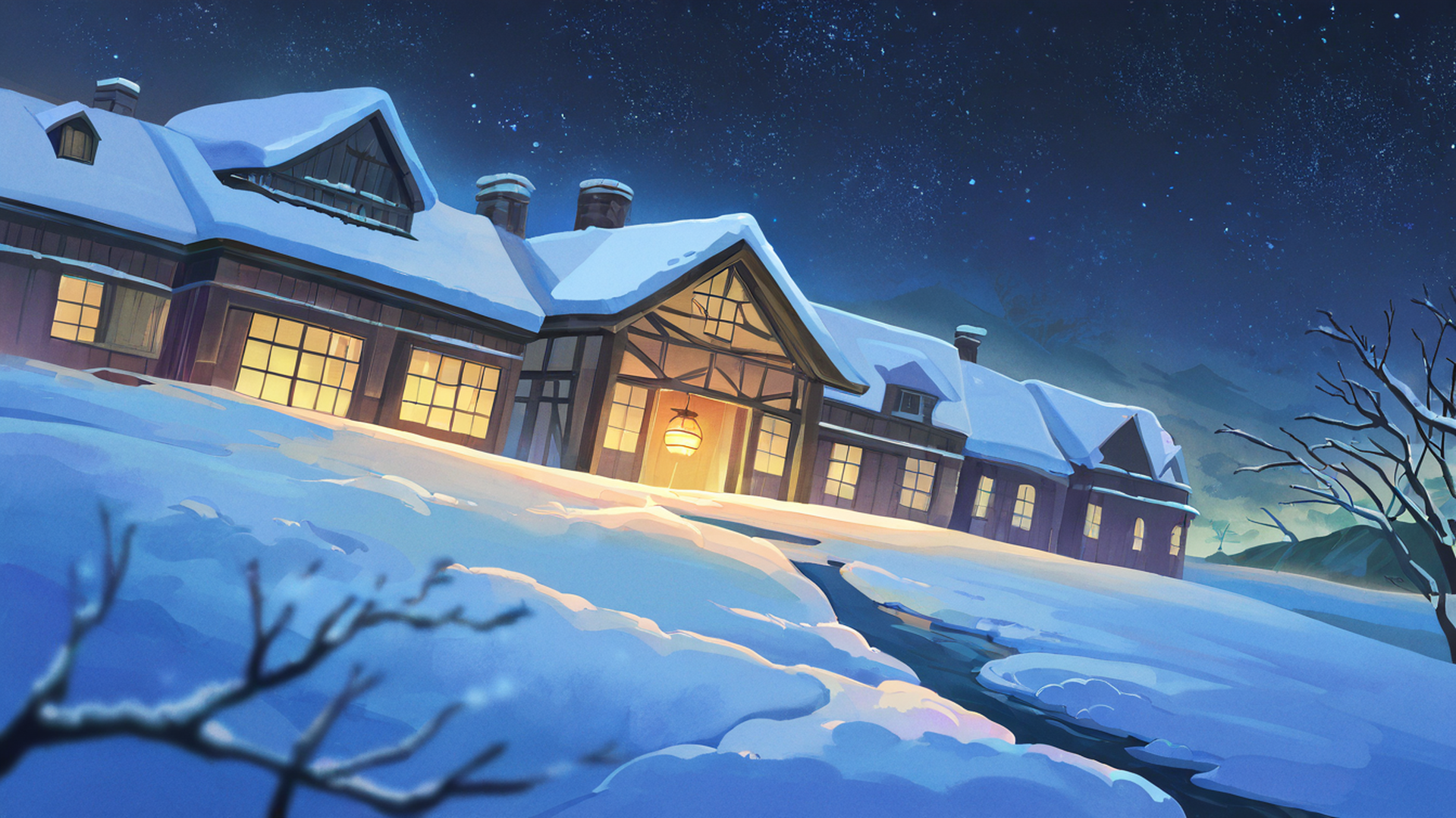 snowy mountain village lofi wallpaper