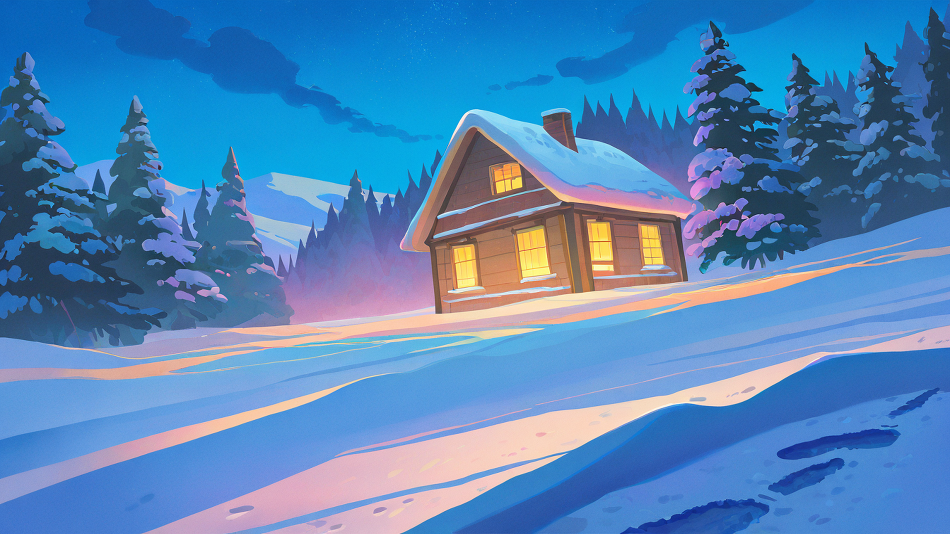 snowy mountain village lofi wallpaper