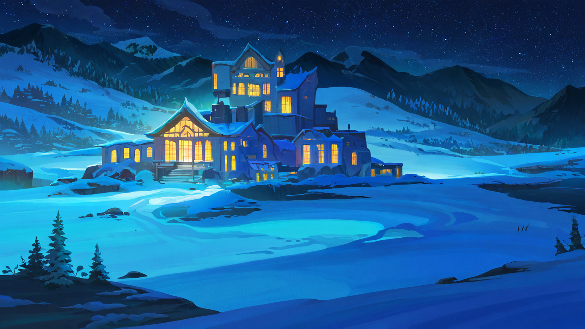 snowy mountain village lofi wallpaper