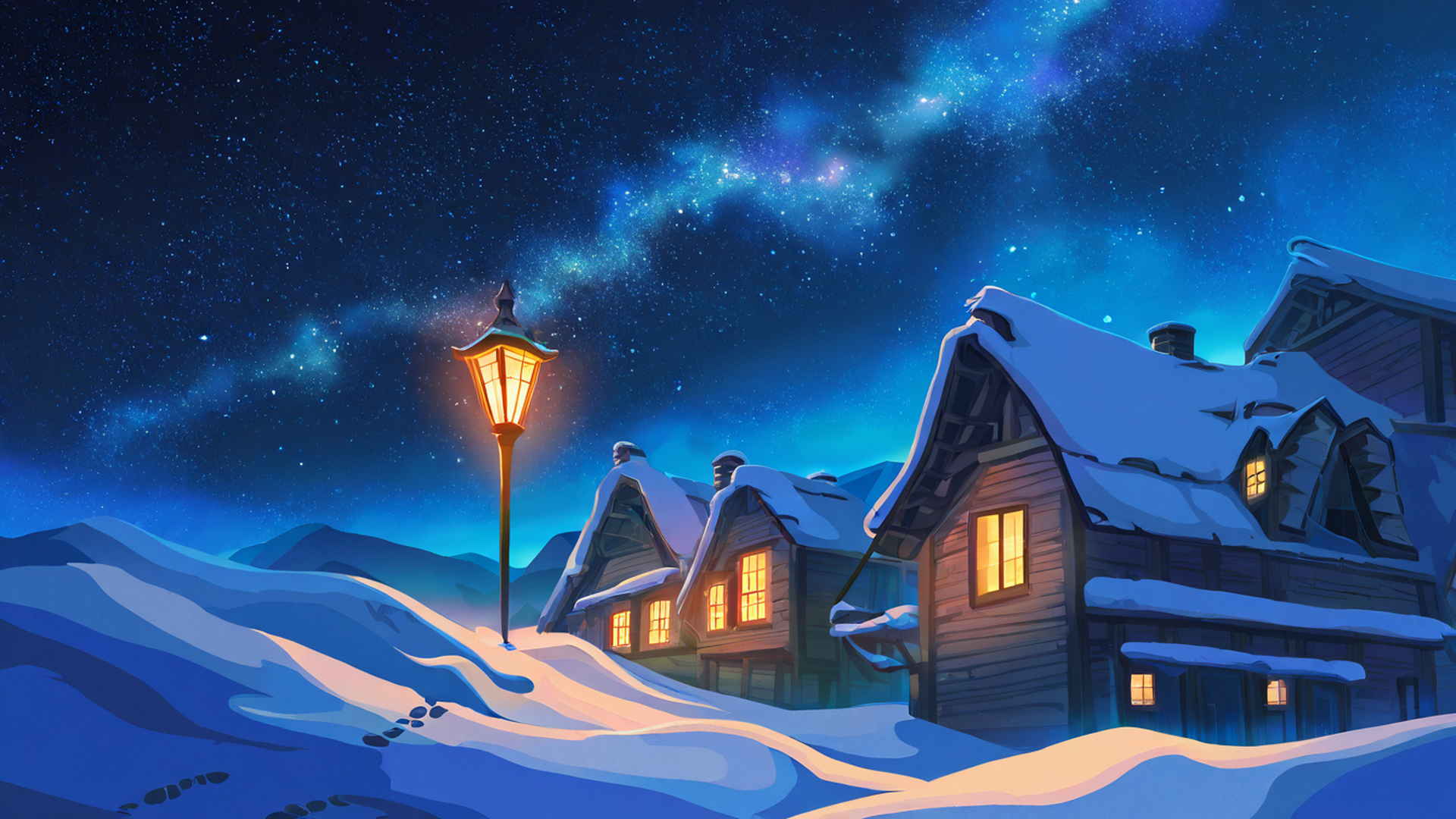 snowy mountain village lofi wallpaper