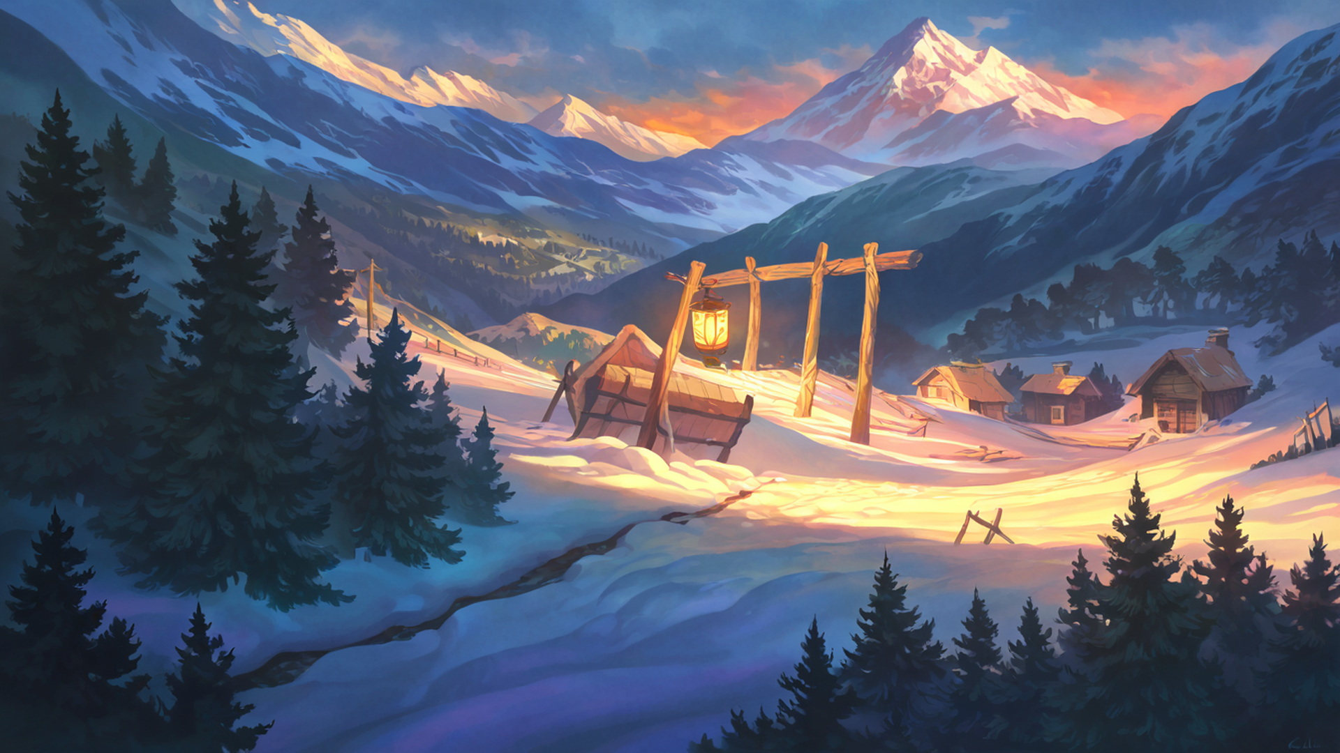 snowy mountain village lofi wallpaper