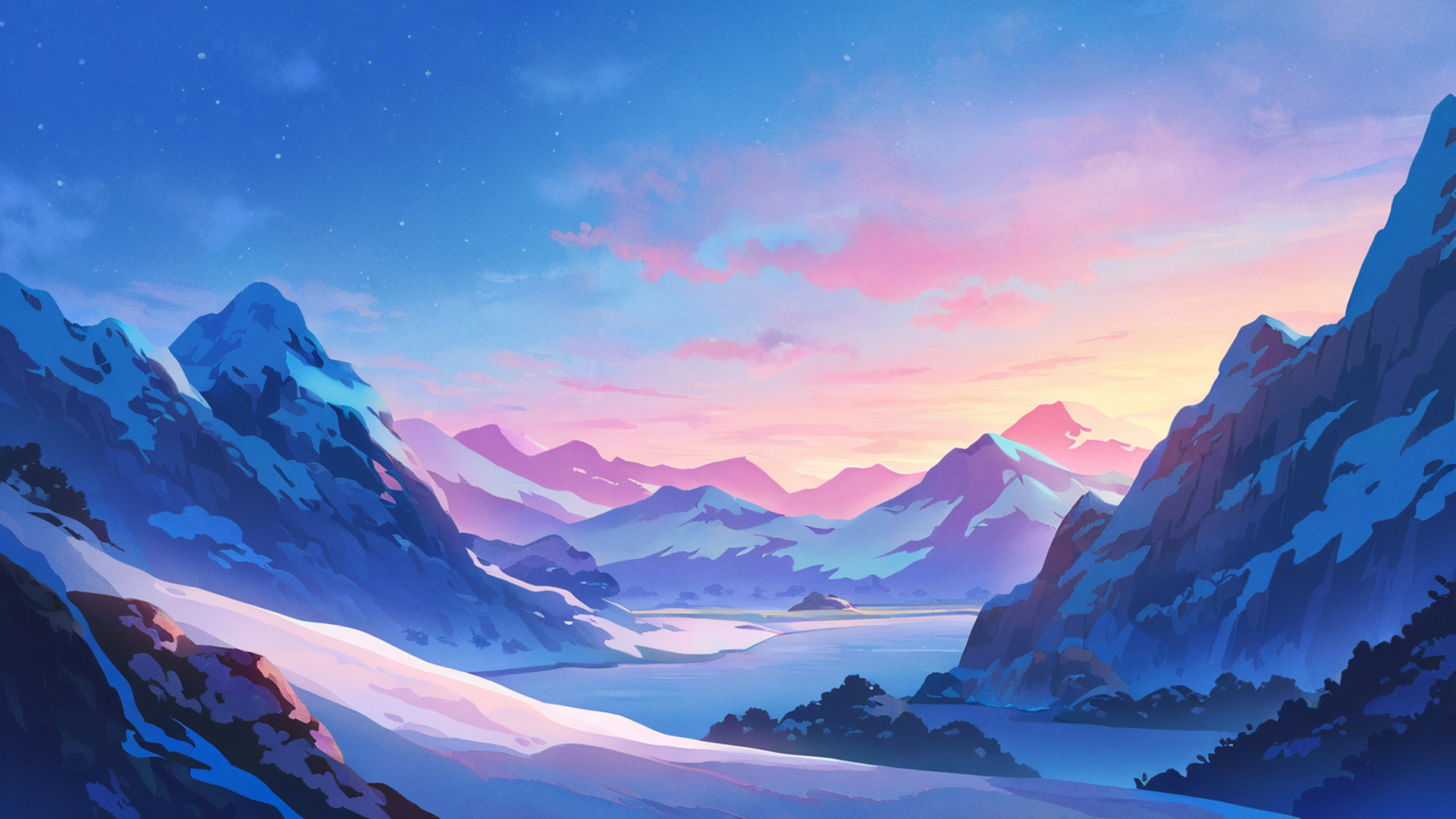 snowy mountain village lofi wallpaper