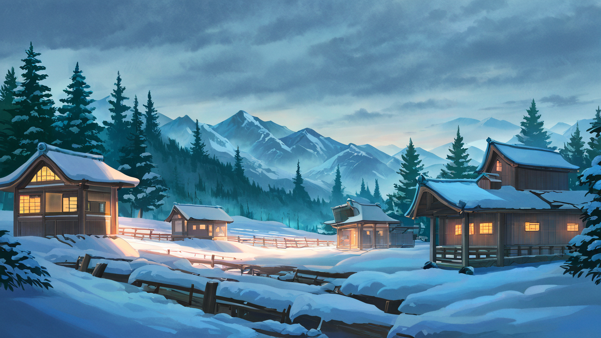 snowy mountain village lofi wallpaper