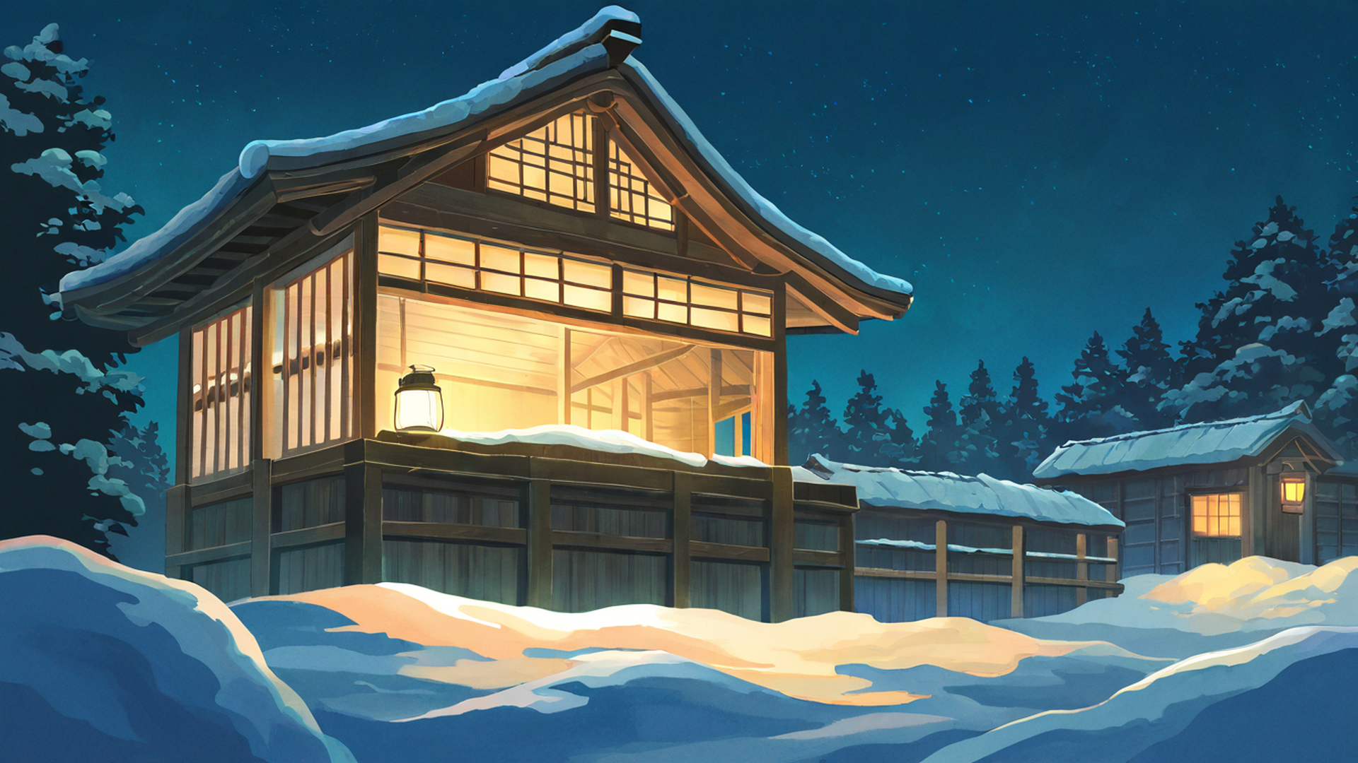 snowy mountain village lofi wallpaper