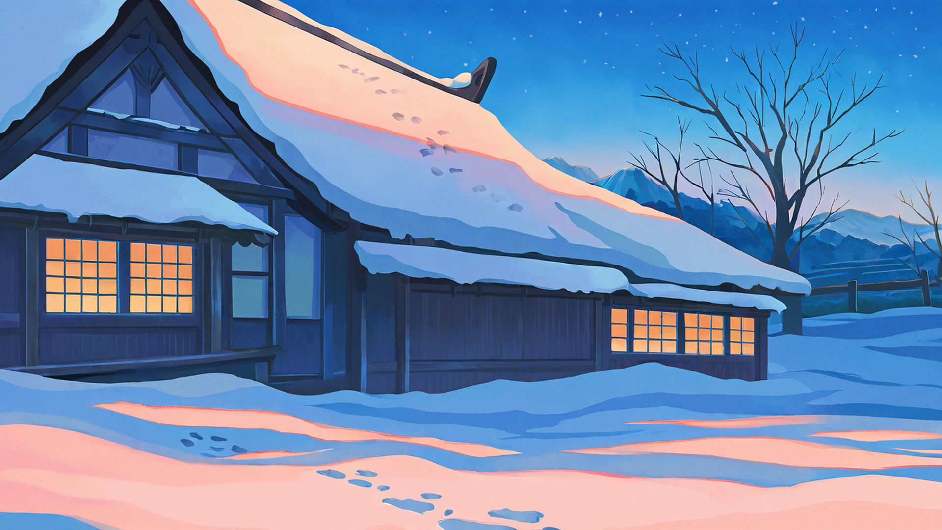 snowy mountain village lofi wallpaper