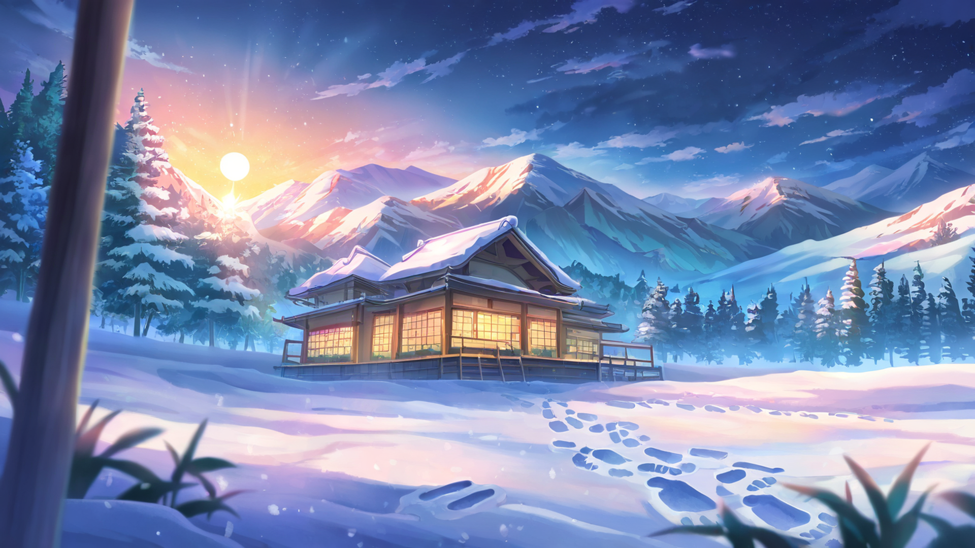 snowy mountain village lofi wallpaper