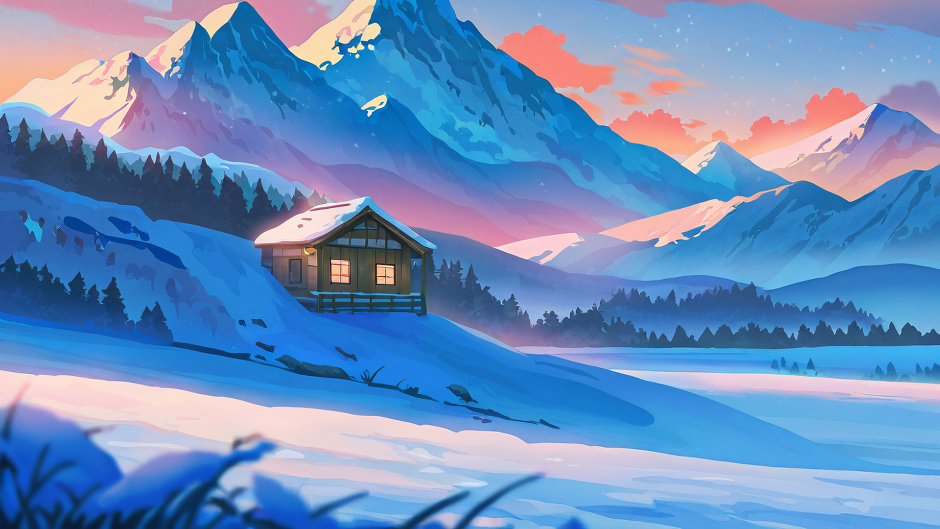 snowy mountain village lofi wallpaper