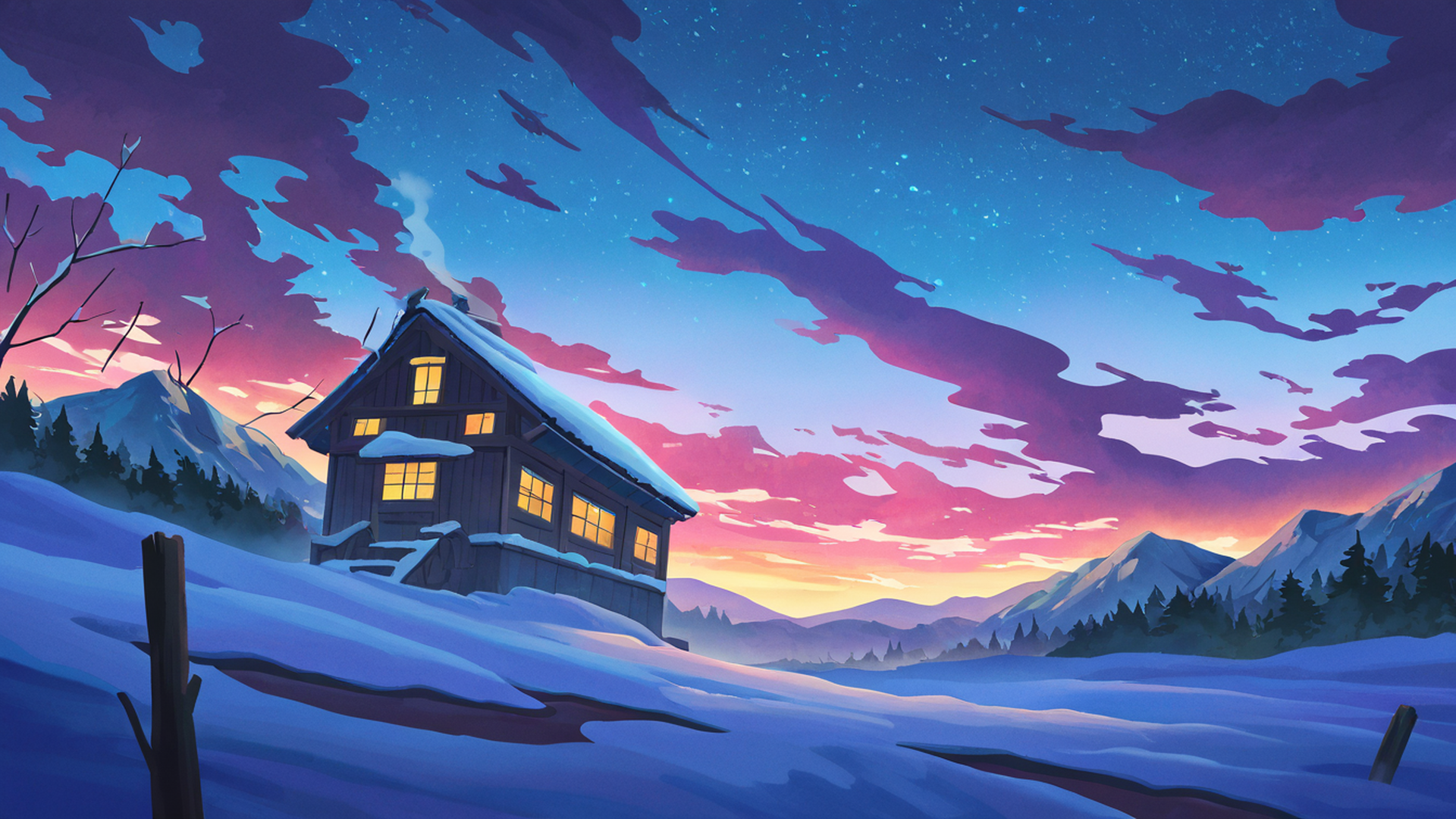 snowy mountain village lofi wallpaper