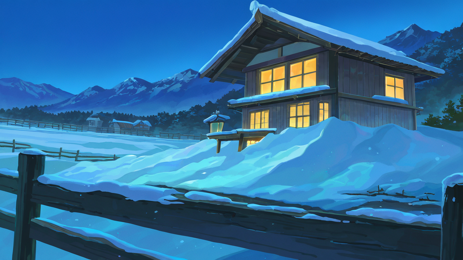 snowy mountain village lofi wallpaper