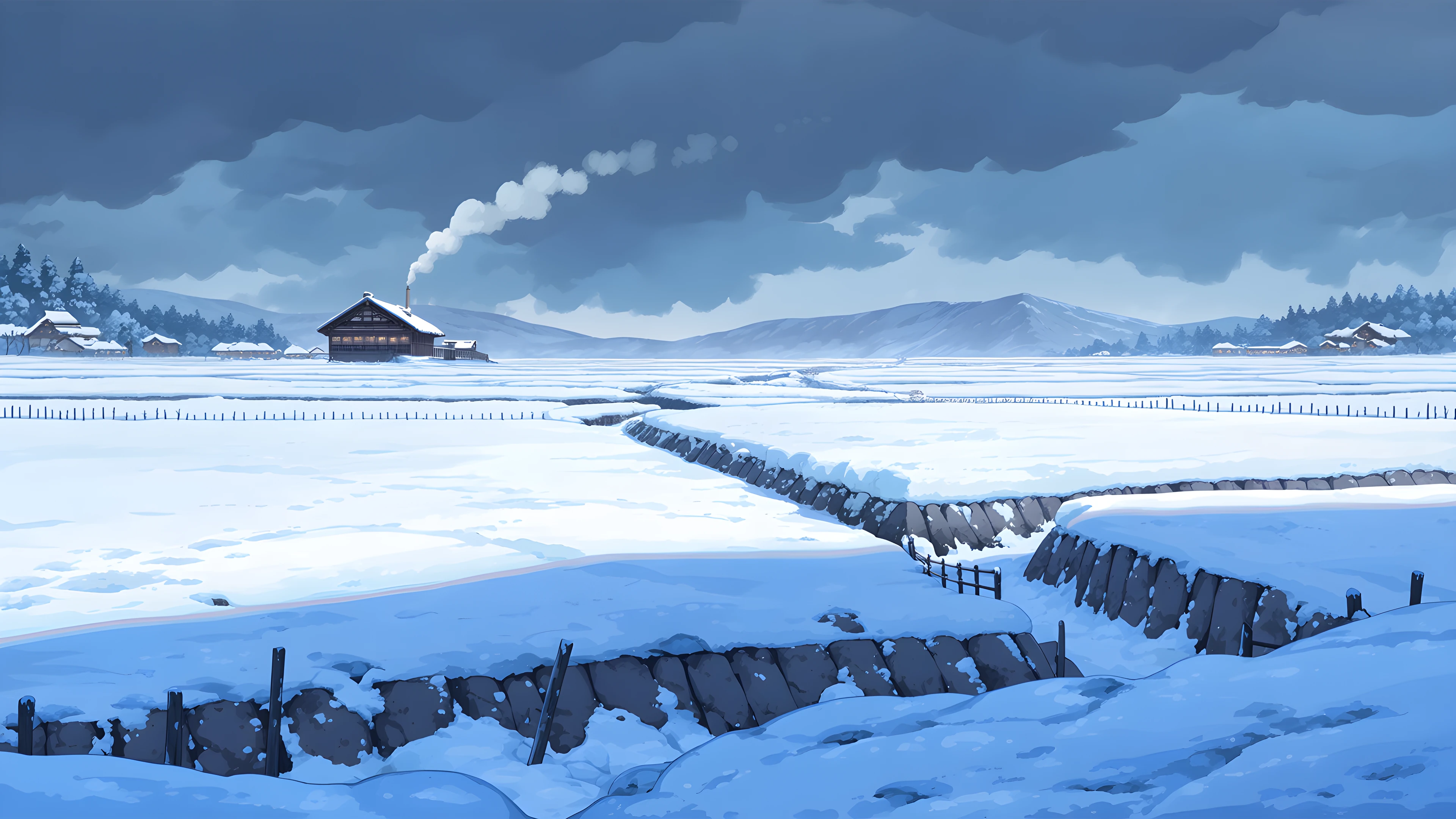Snowy Mountain Village lofi wallpaper