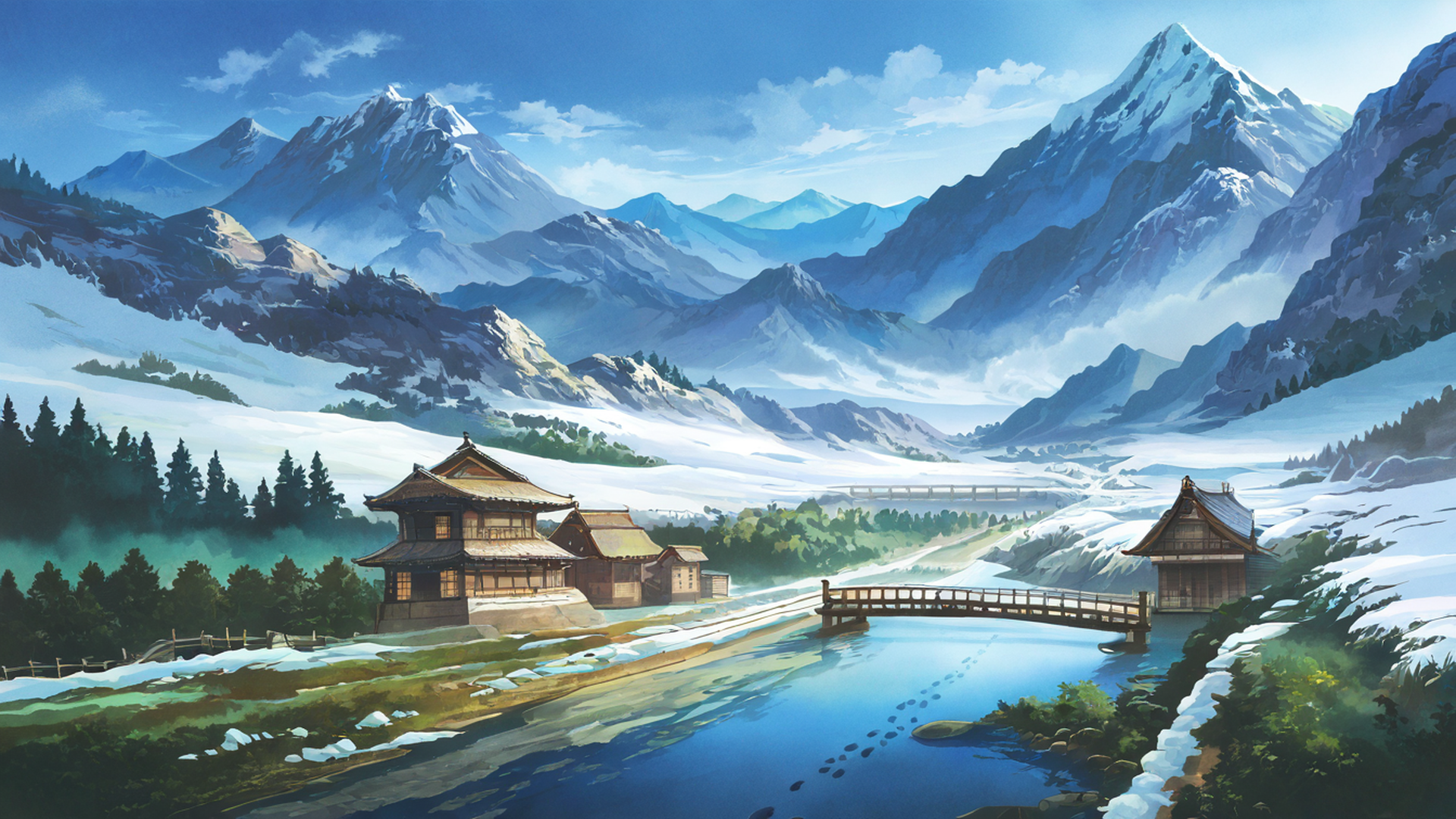 snowy mountain village lofi wallpaper