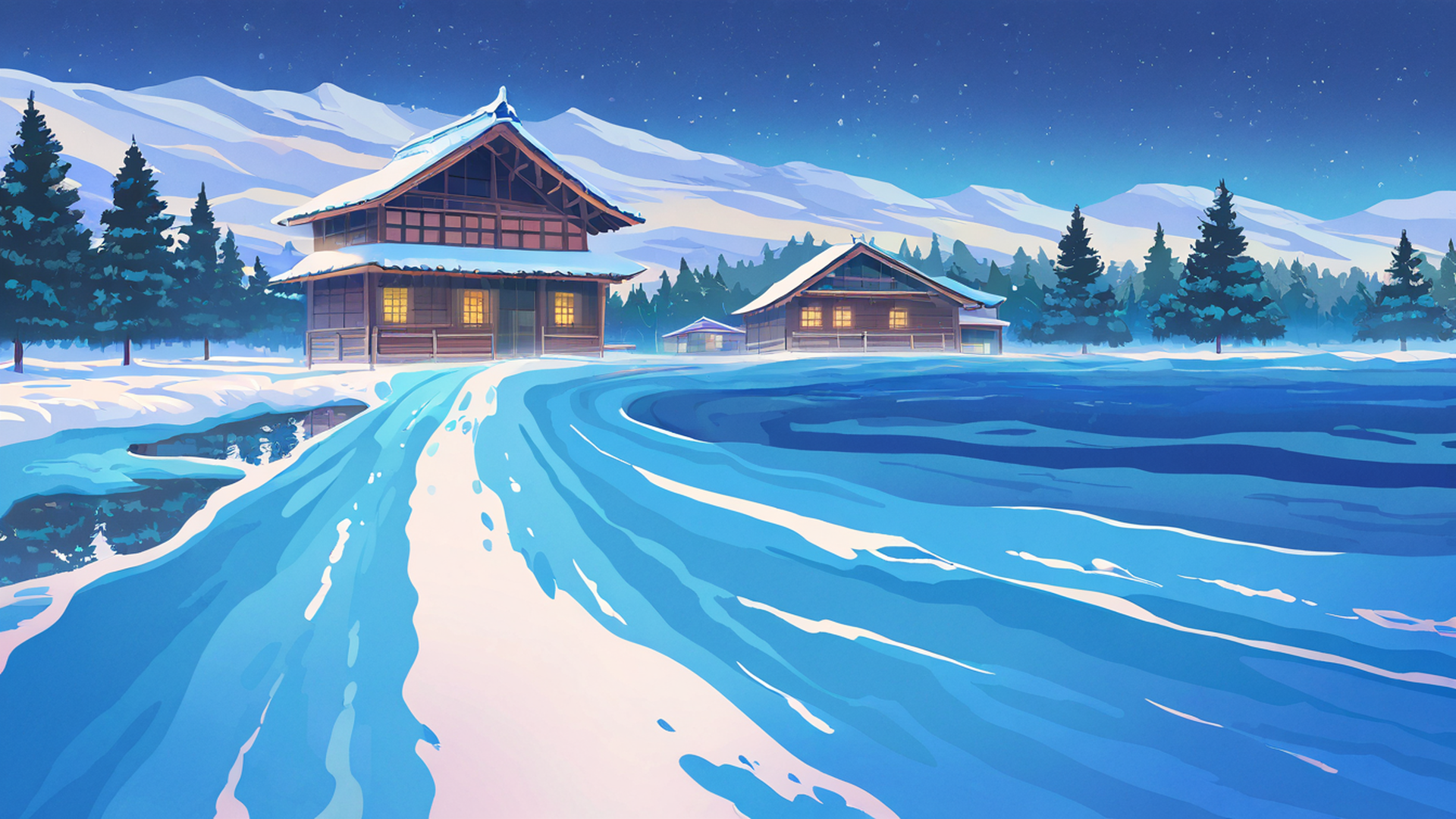 snowy mountain village lofi wallpaper