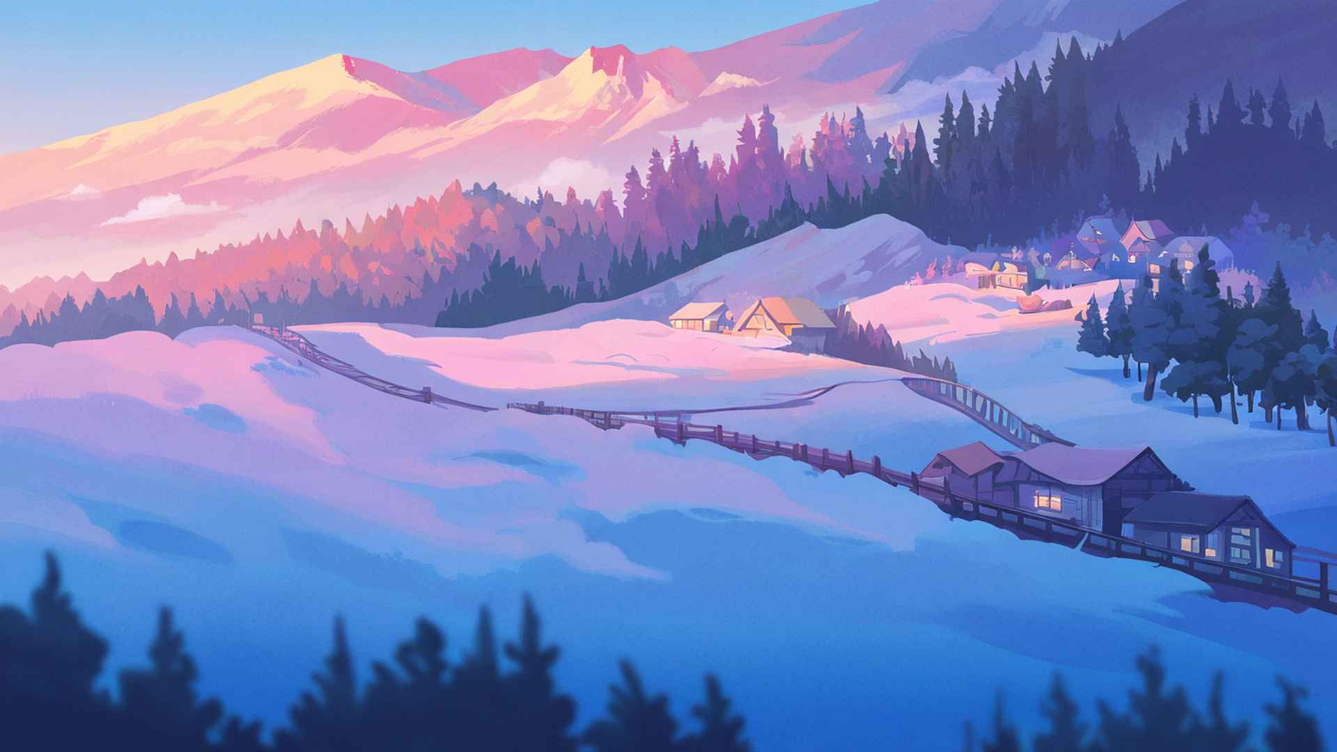 snowy mountain village lofi wallpaper