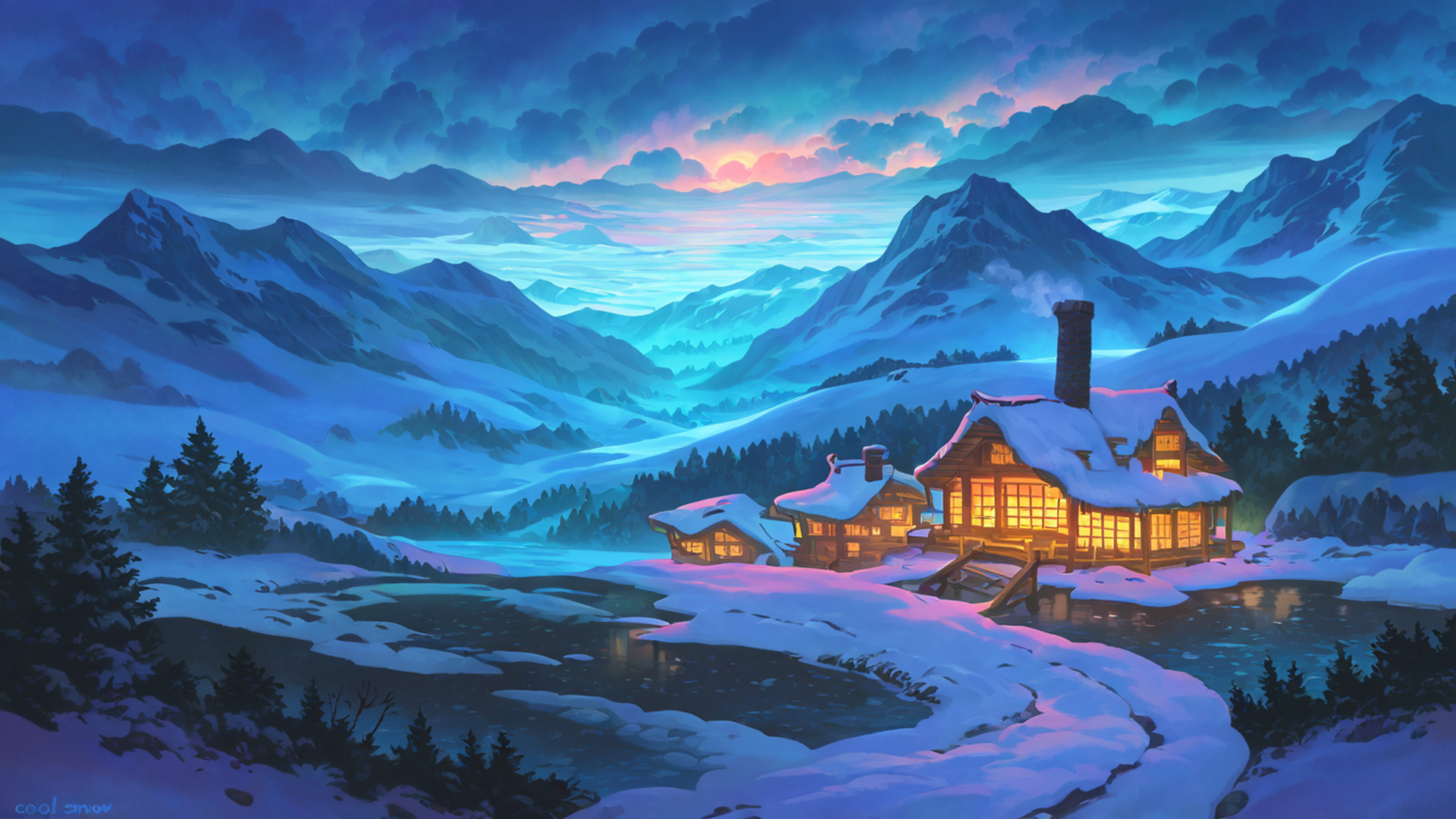 snowy mountain village lofi wallpaper