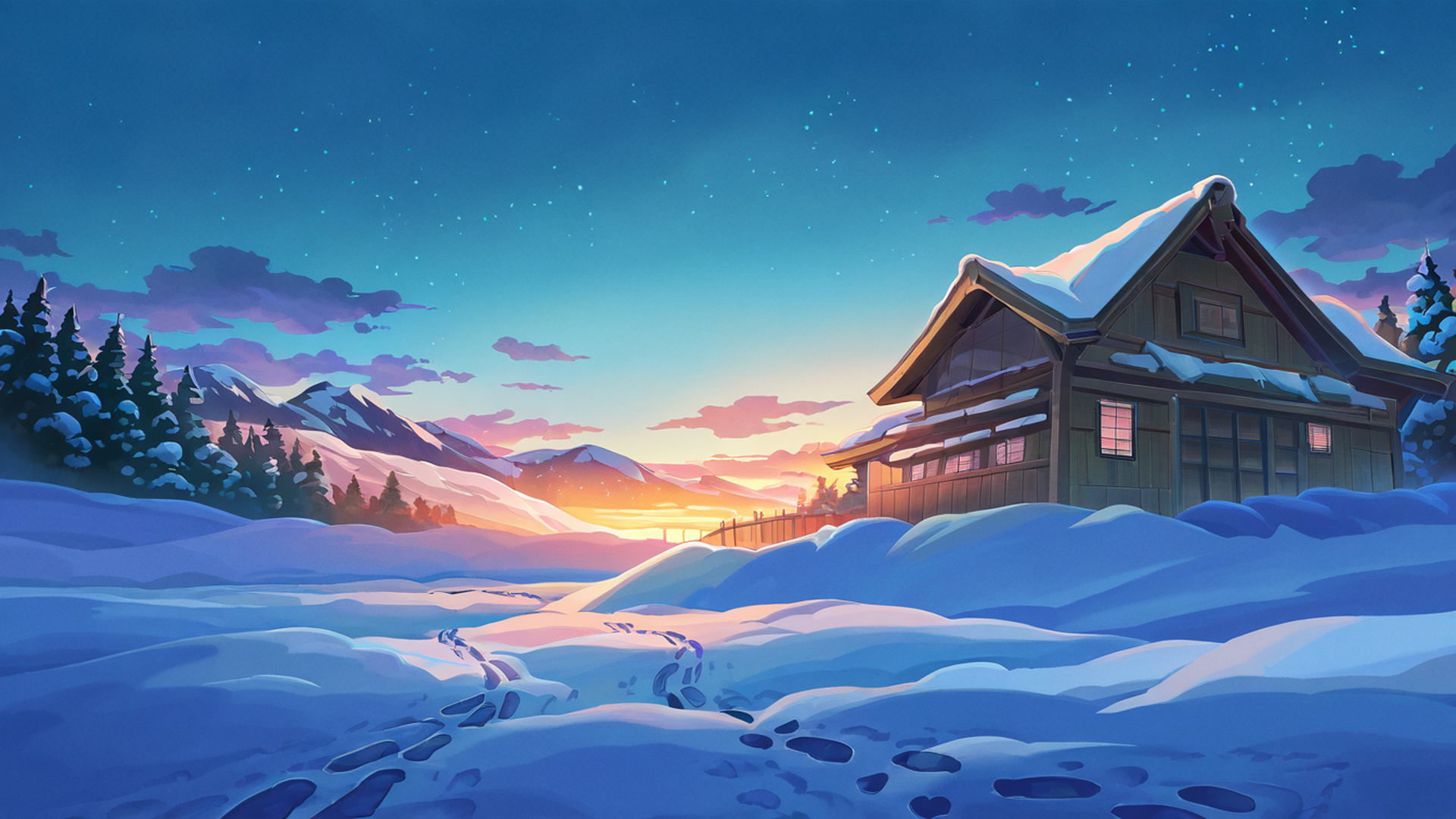 snowy mountain village lofi wallpaper