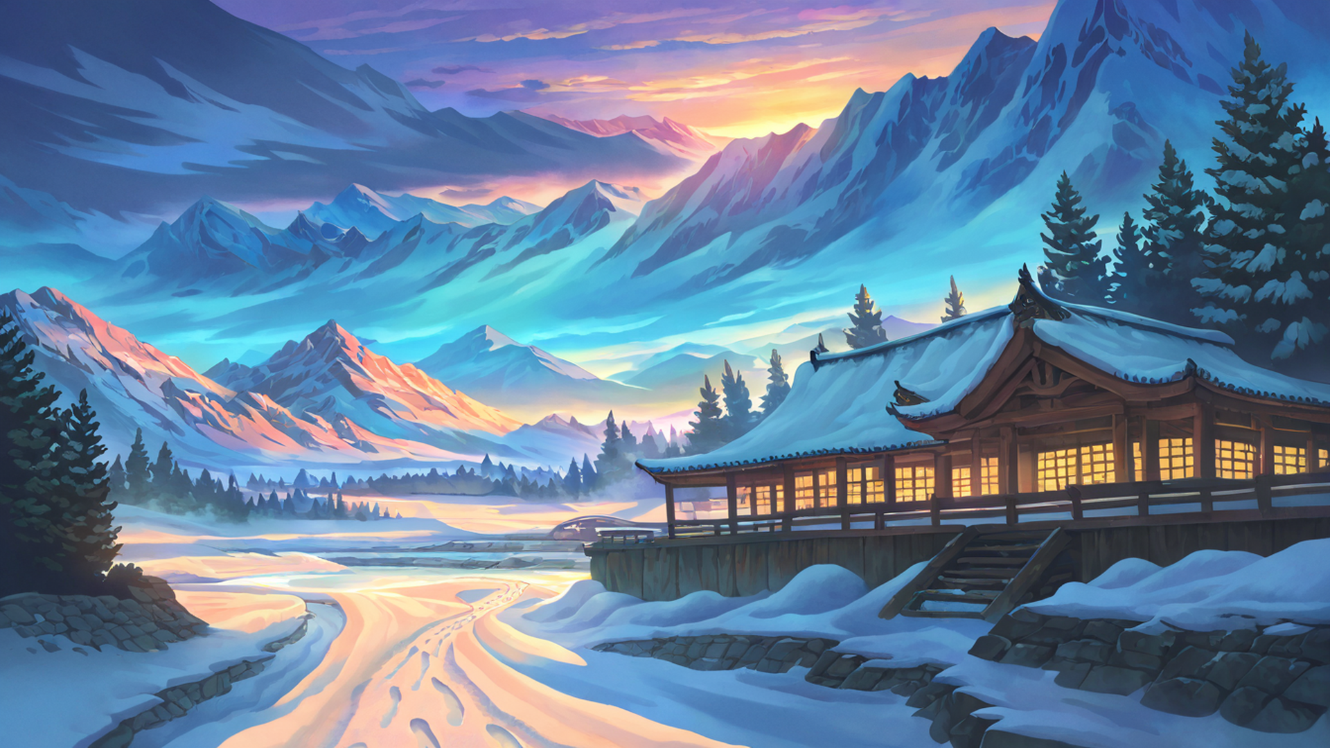 Snowy Mountain Village Snowy Mountain Village 0588766809 lofi anime wallpaper free download