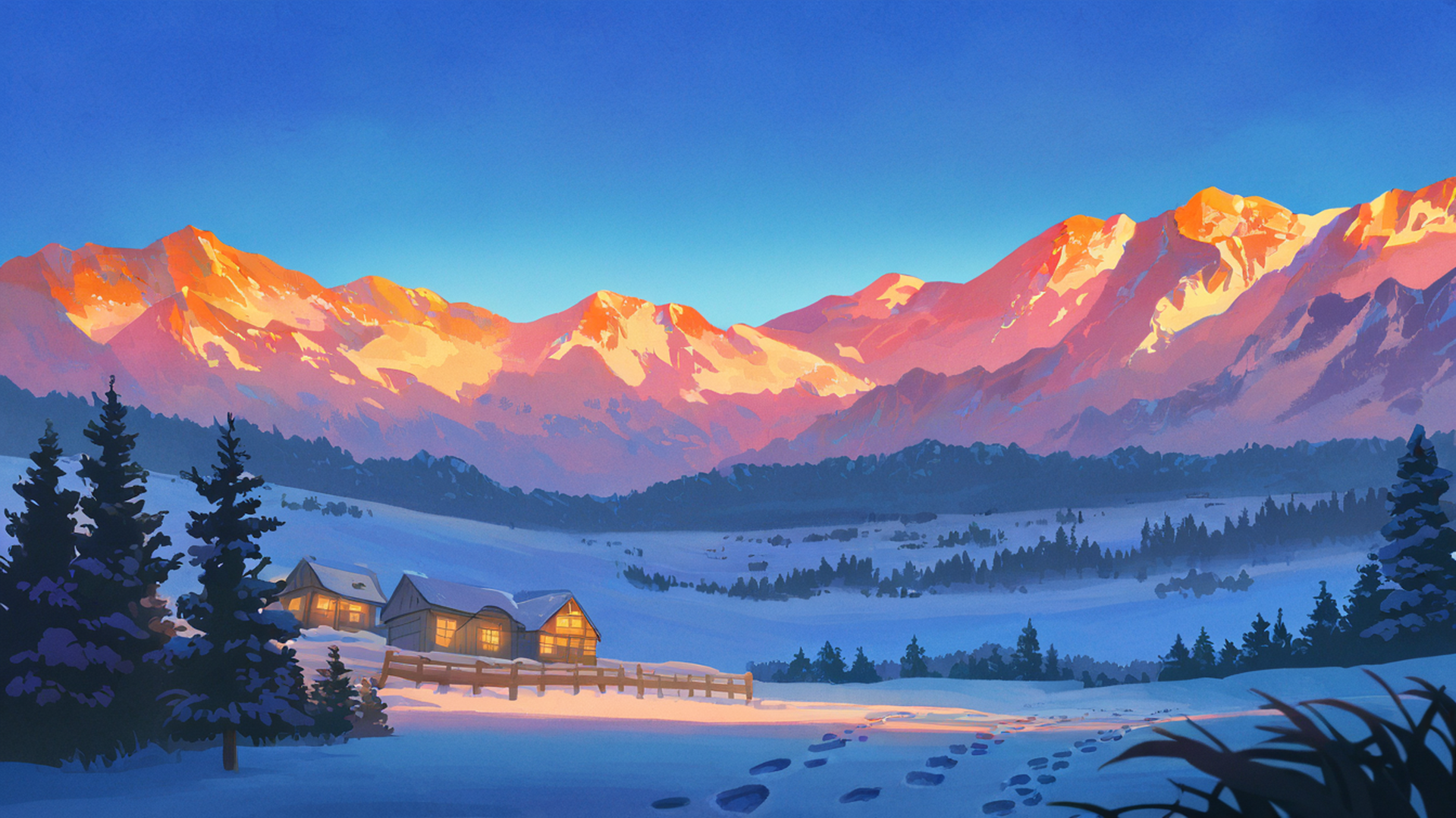 snowy mountain village lofi wallpaper