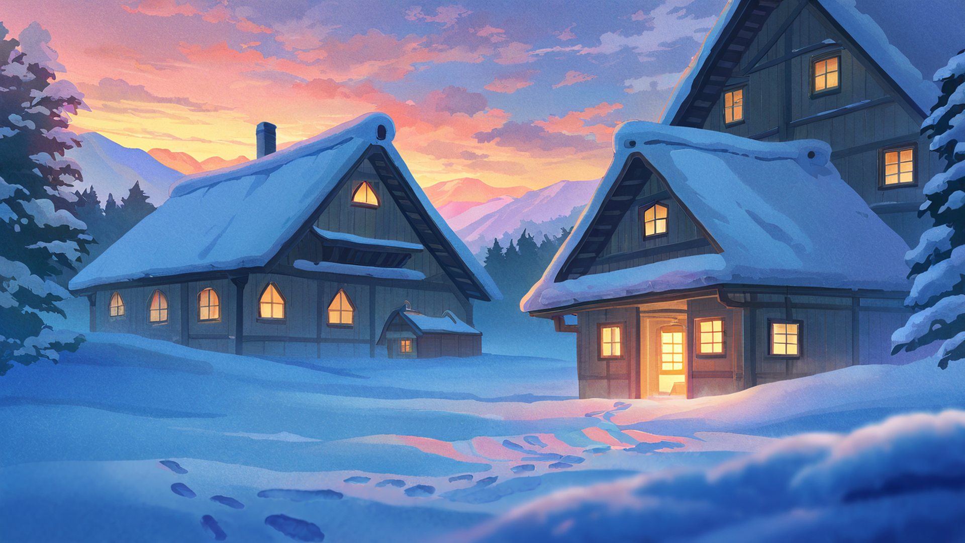 snowy mountain village lofi wallpaper