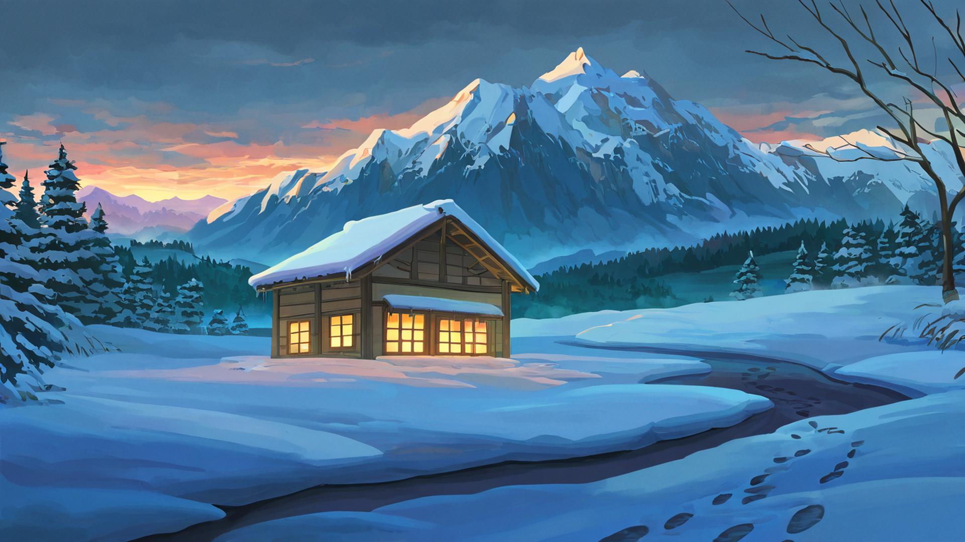 snowy mountain village lofi wallpaper