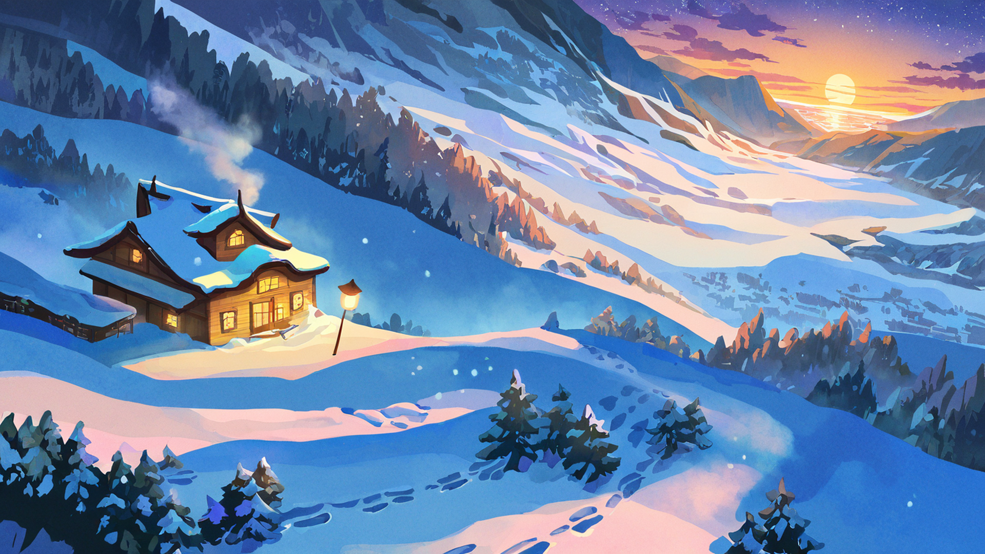 snowy mountain village lofi wallpaper