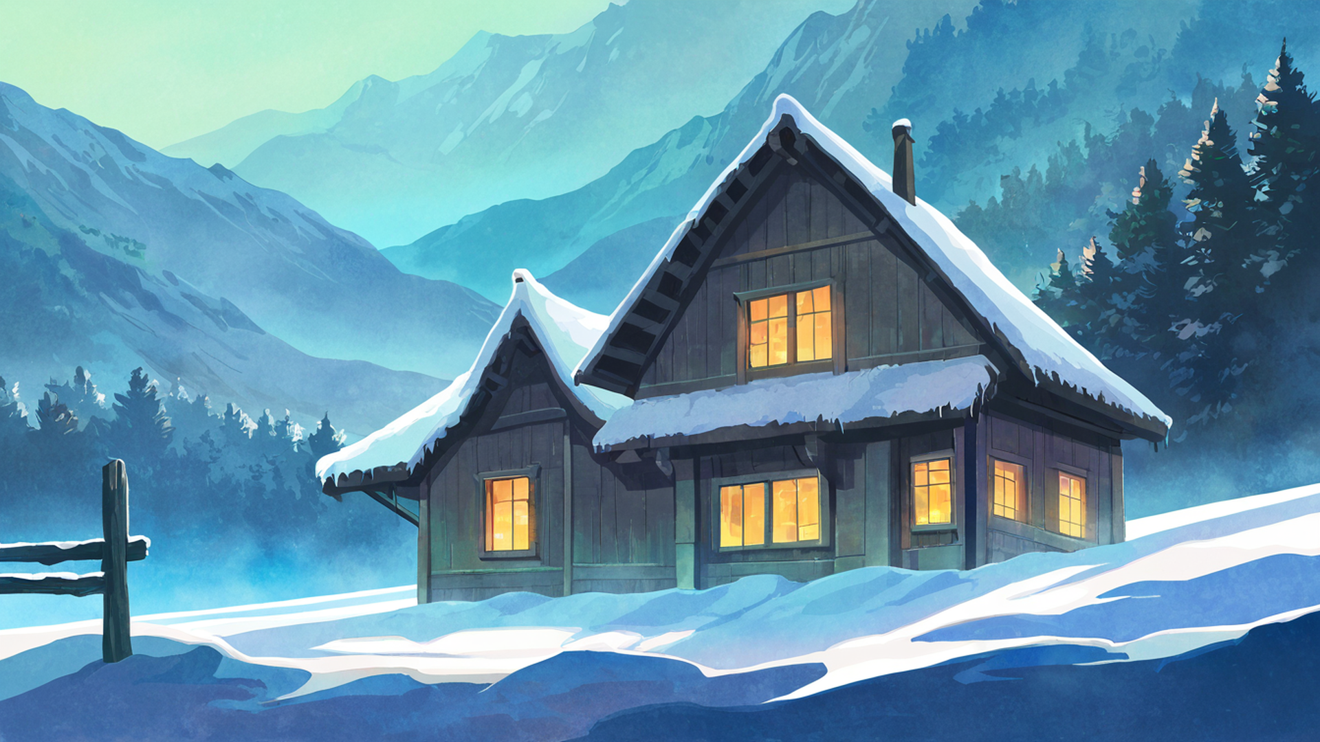 snowy mountain village lofi wallpaper