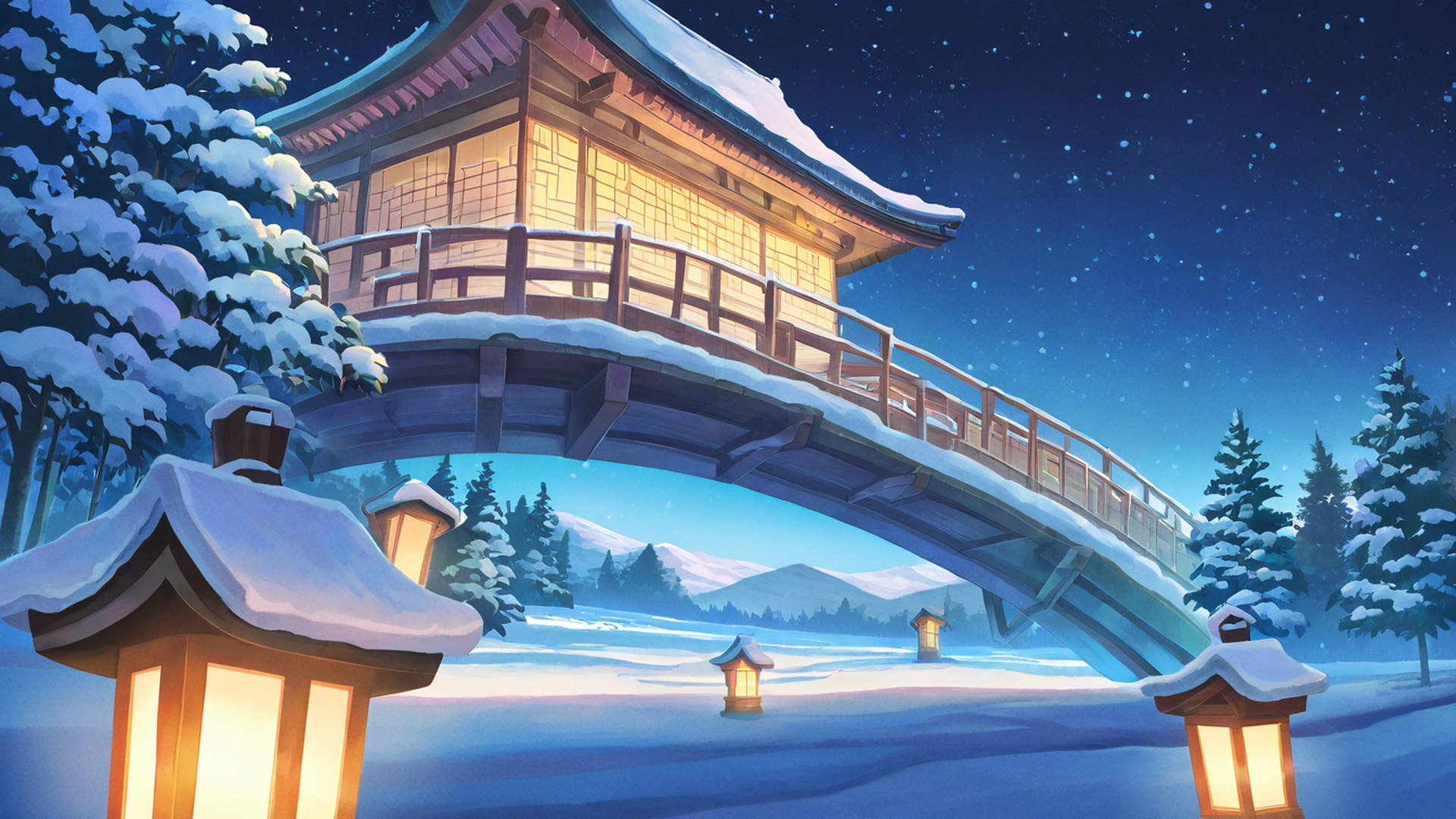 snowy mountain village lofi wallpaper