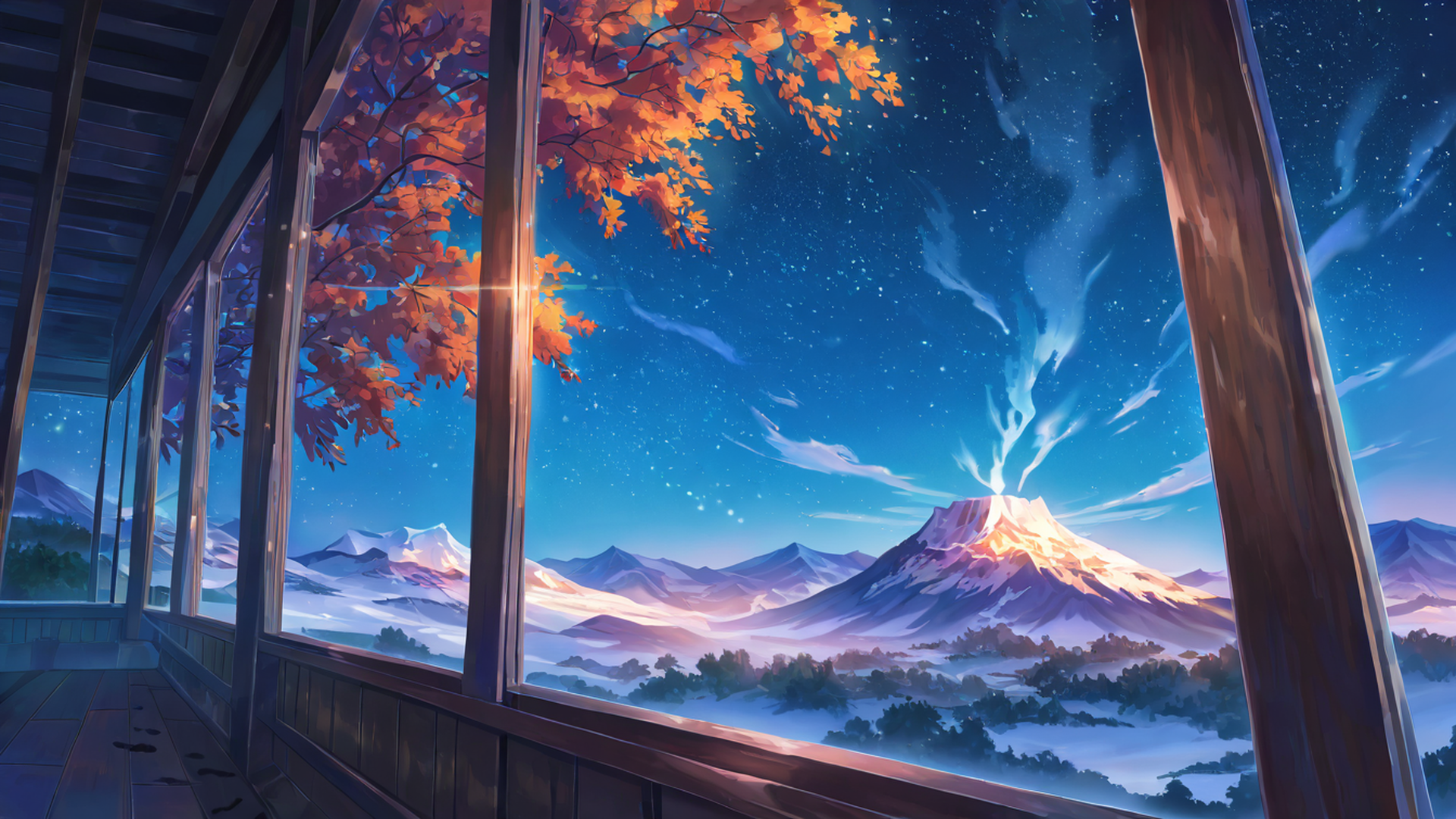 snowy mountain village lofi wallpaper