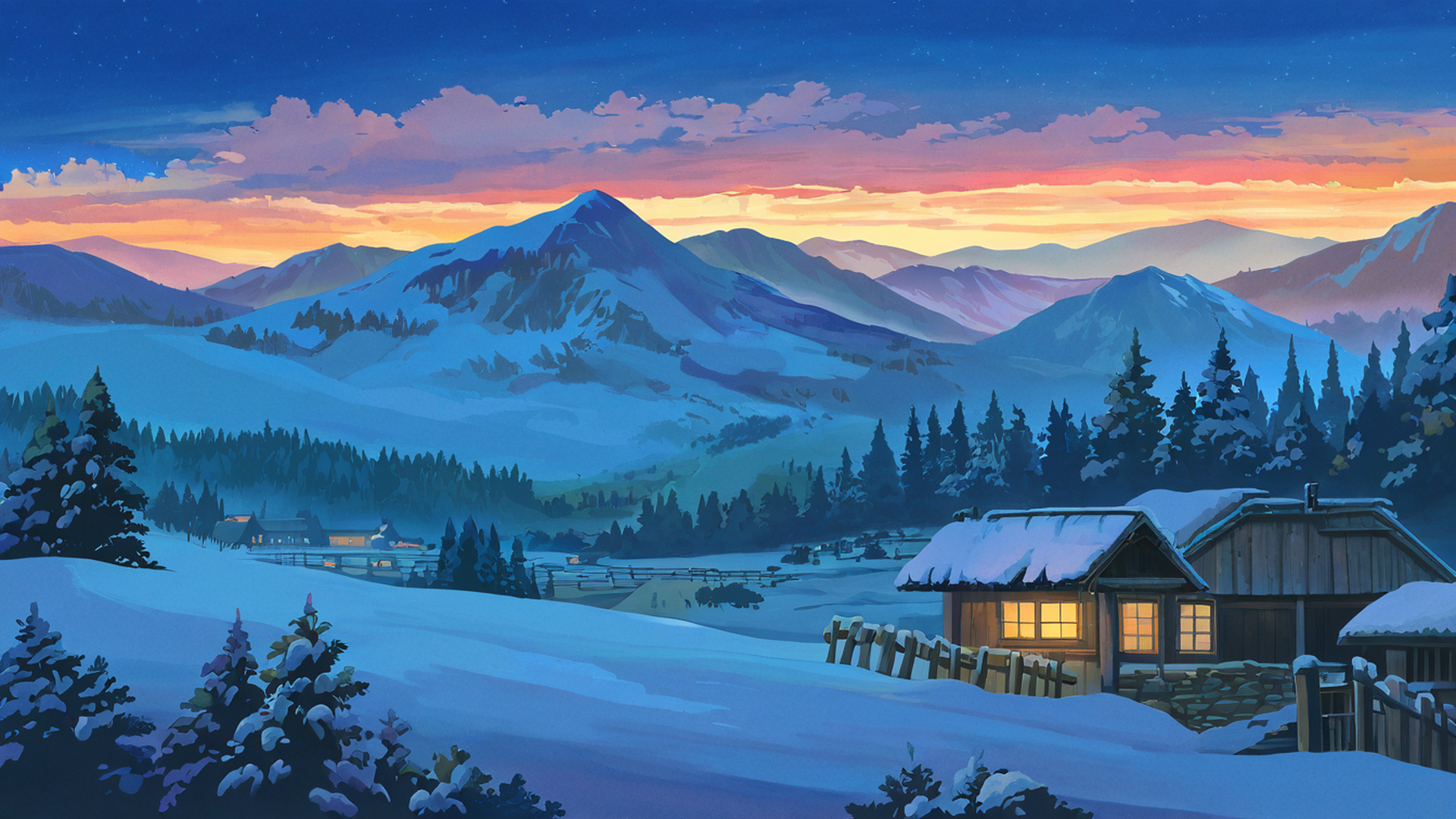 snowy mountain village lofi wallpaper