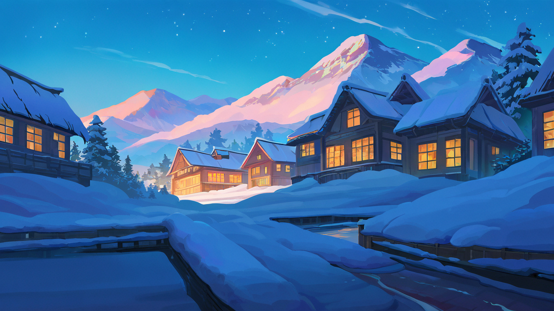 snowy mountain village lofi wallpaper