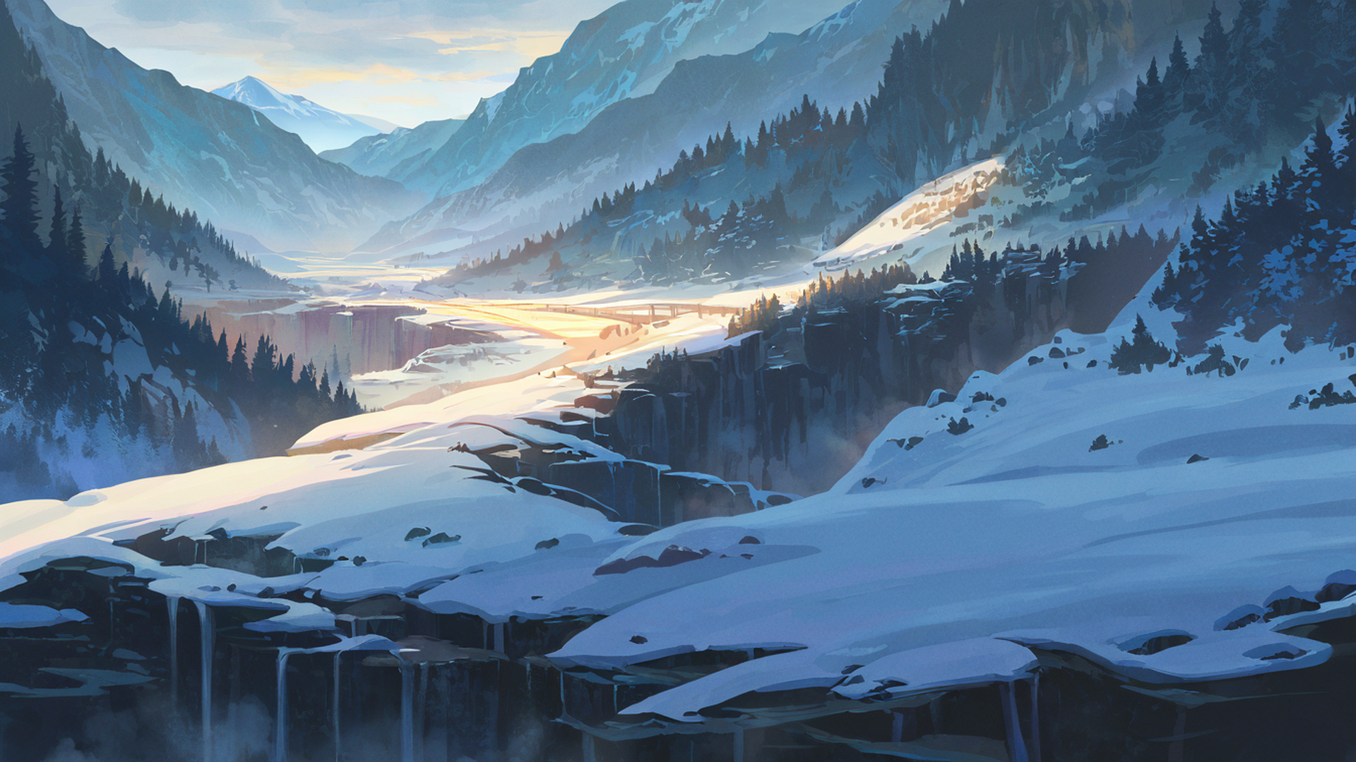 snowy mountain village lofi wallpaper