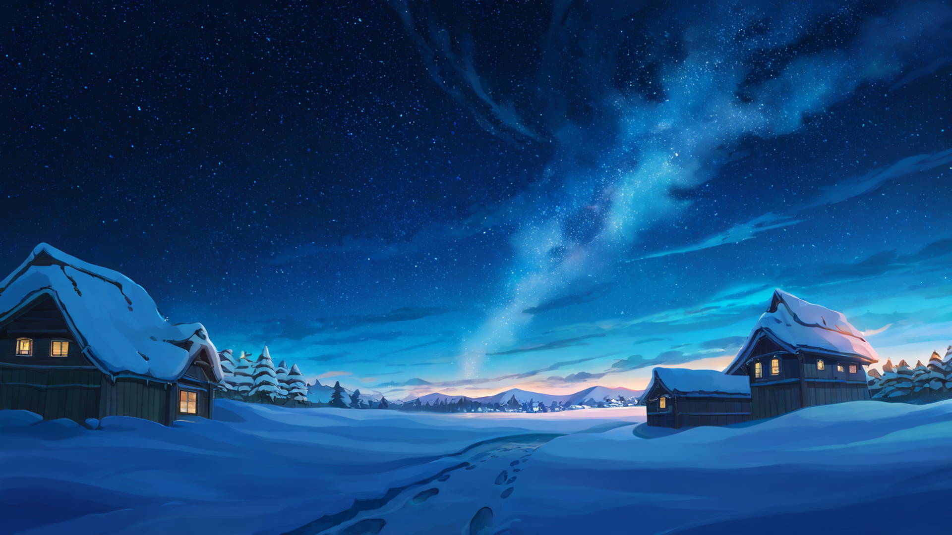 snowy mountain village lofi wallpaper