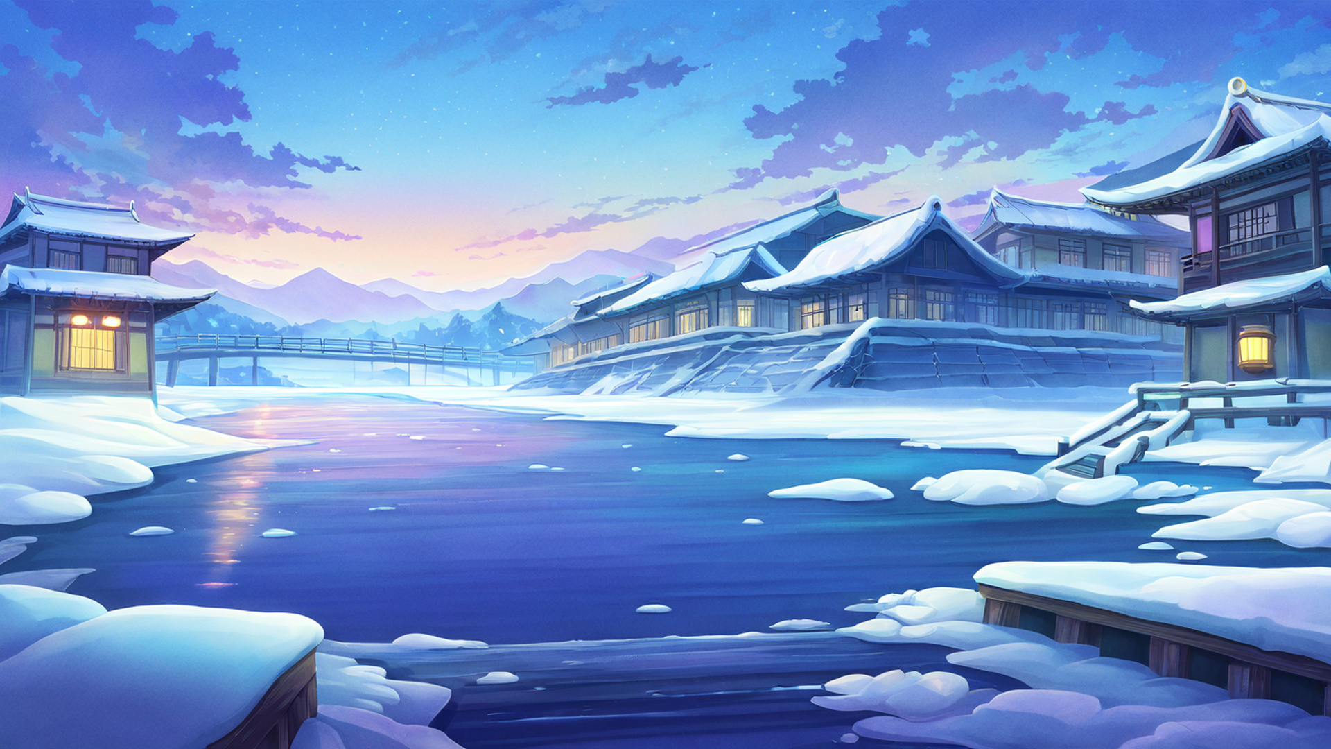 snowy mountain village lofi wallpaper