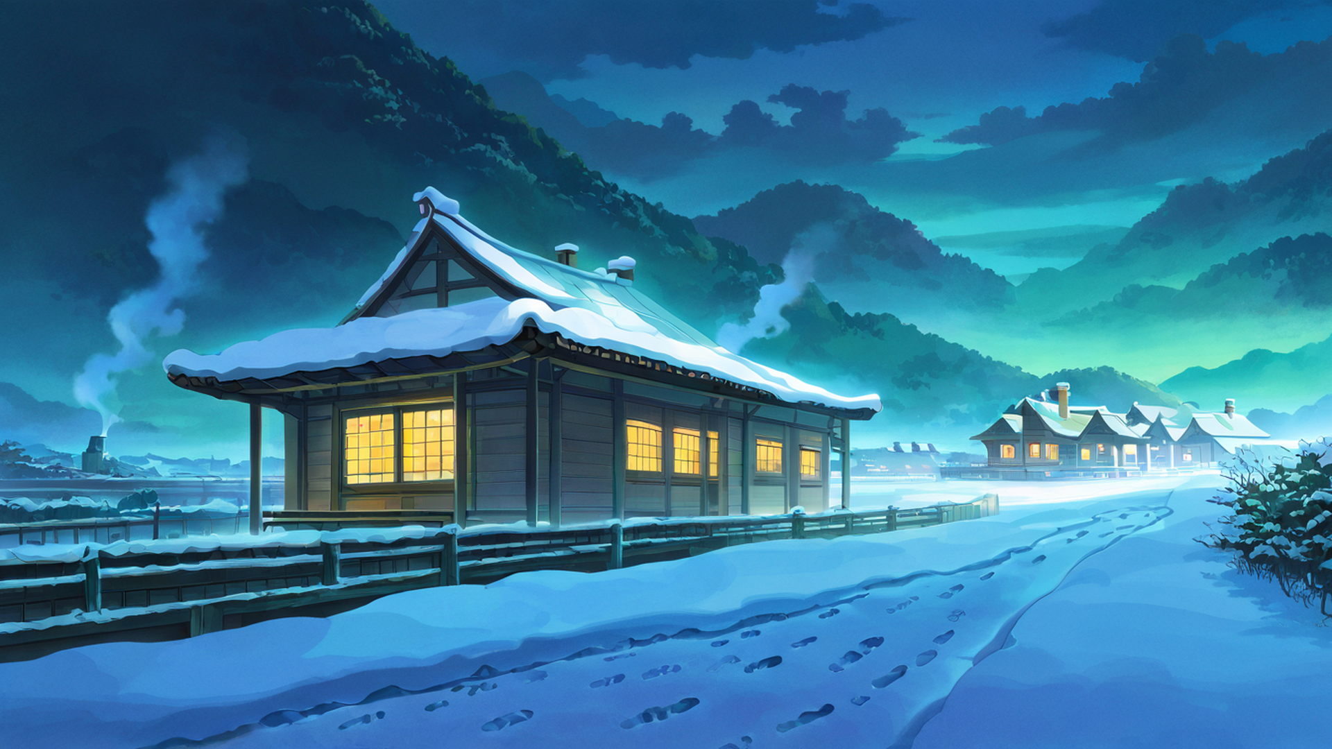 snowy mountain village lofi wallpaper