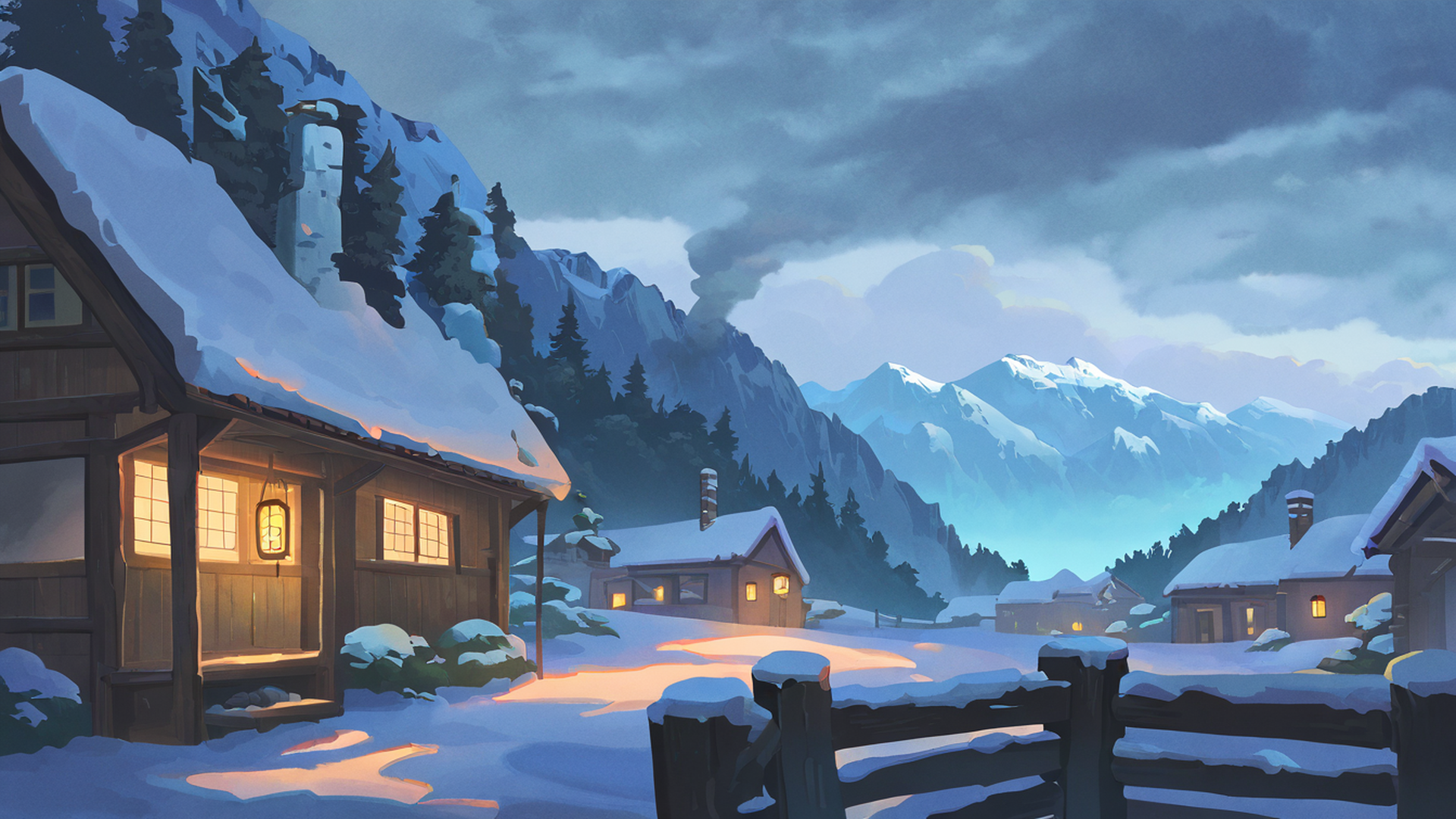 snowy mountain village lofi wallpaper