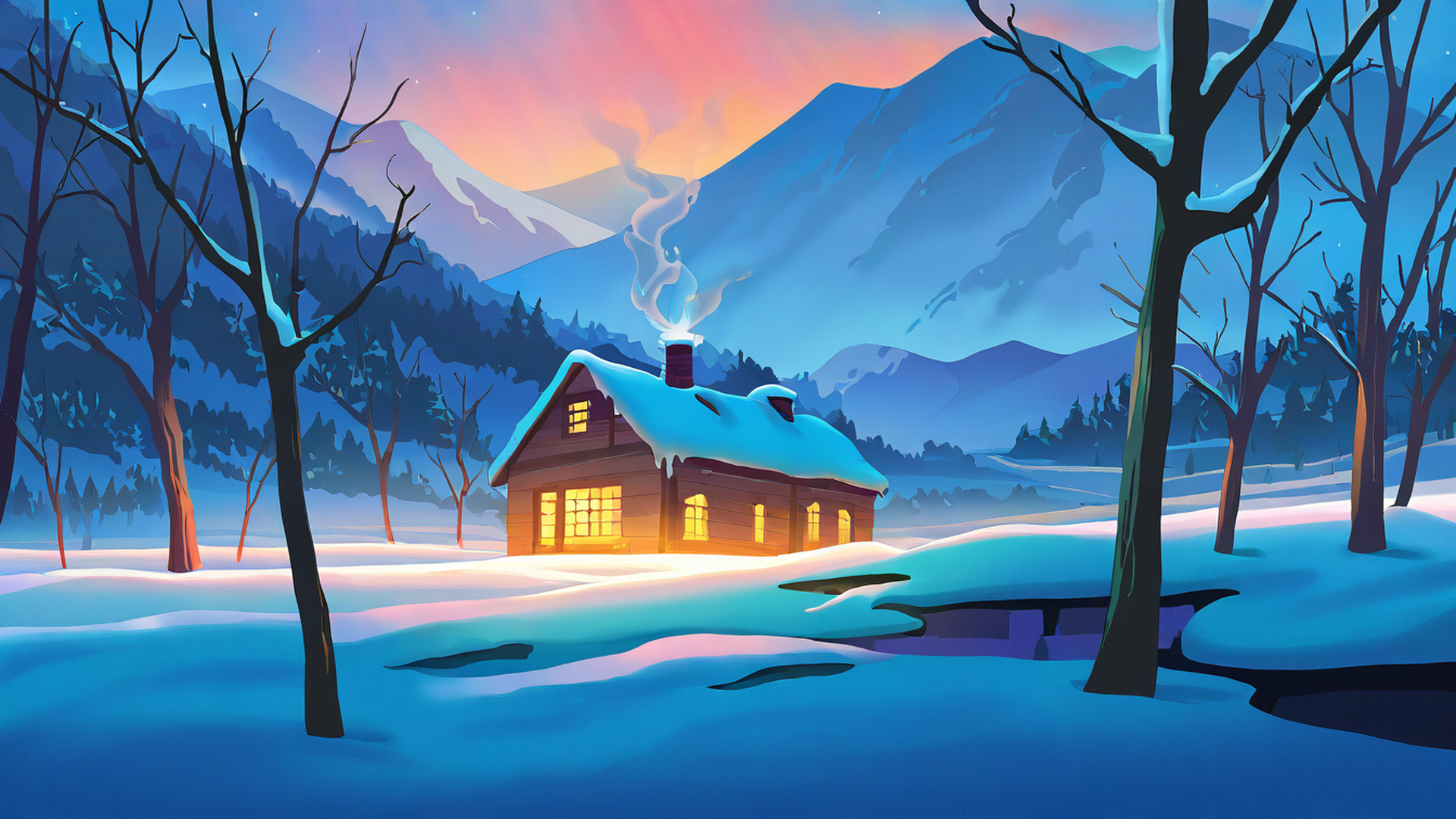 snowy mountain village lofi wallpaper