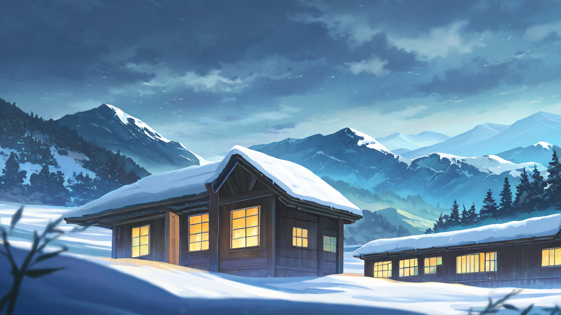 snowy mountain village lofi wallpaper