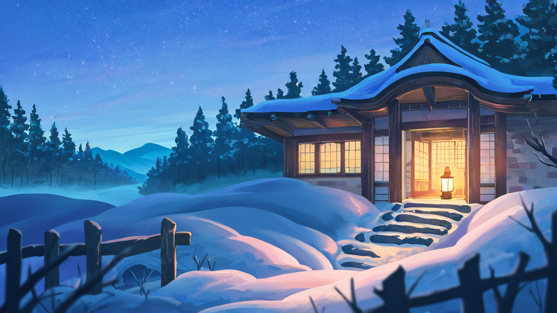 snowy mountain village lofi wallpaper