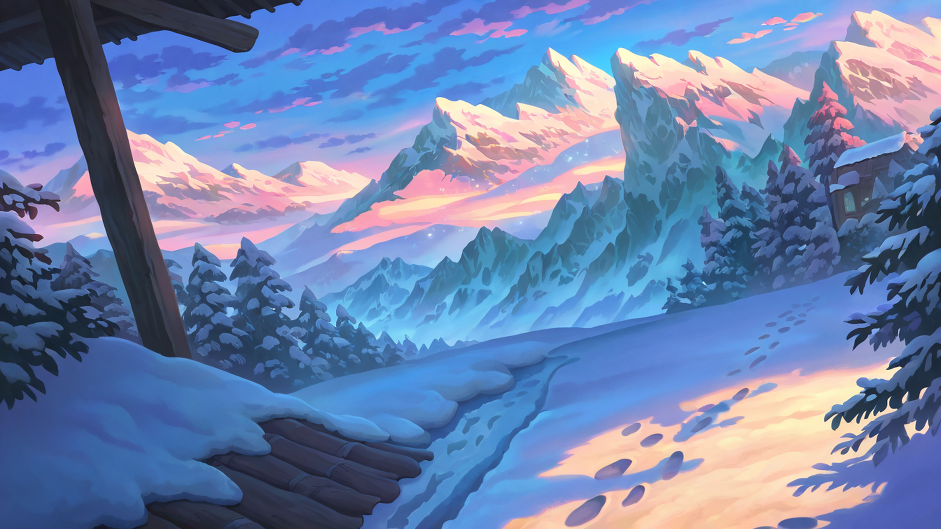 snowy mountain village lofi wallpaper