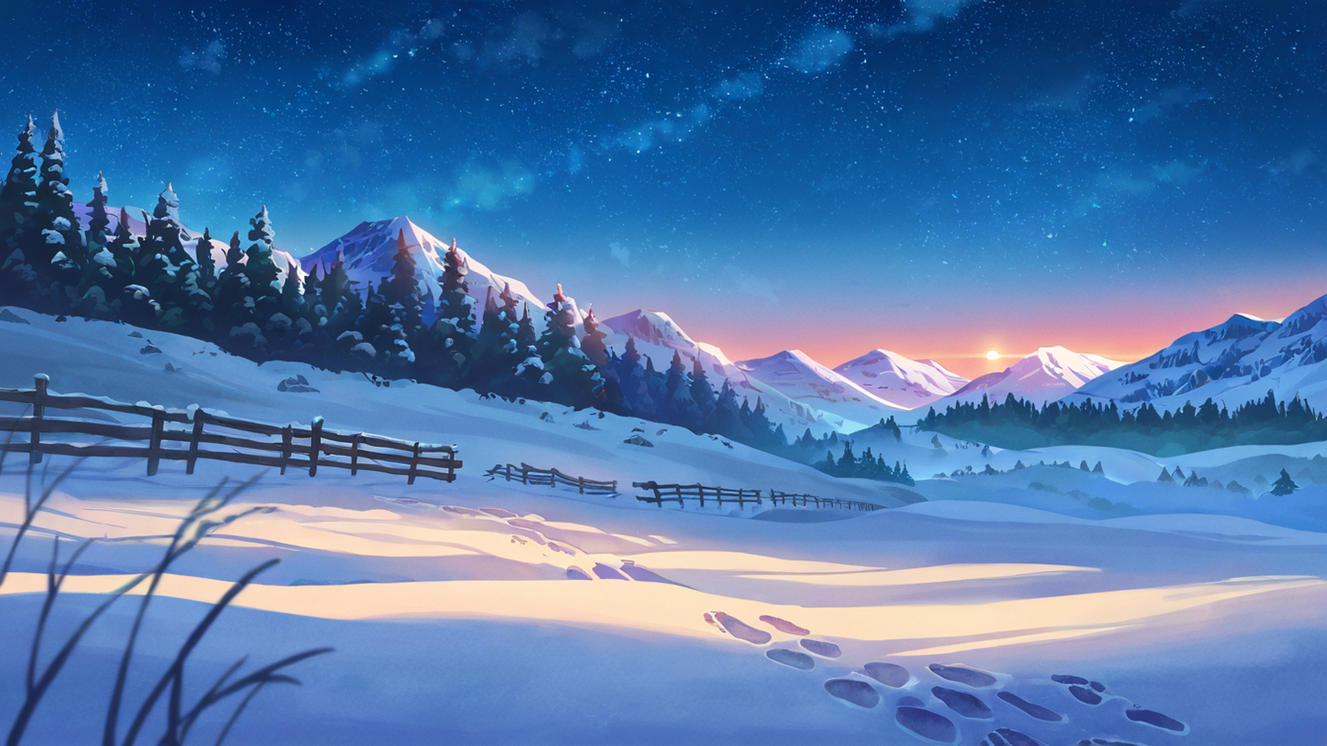snowy mountain village lofi wallpaper