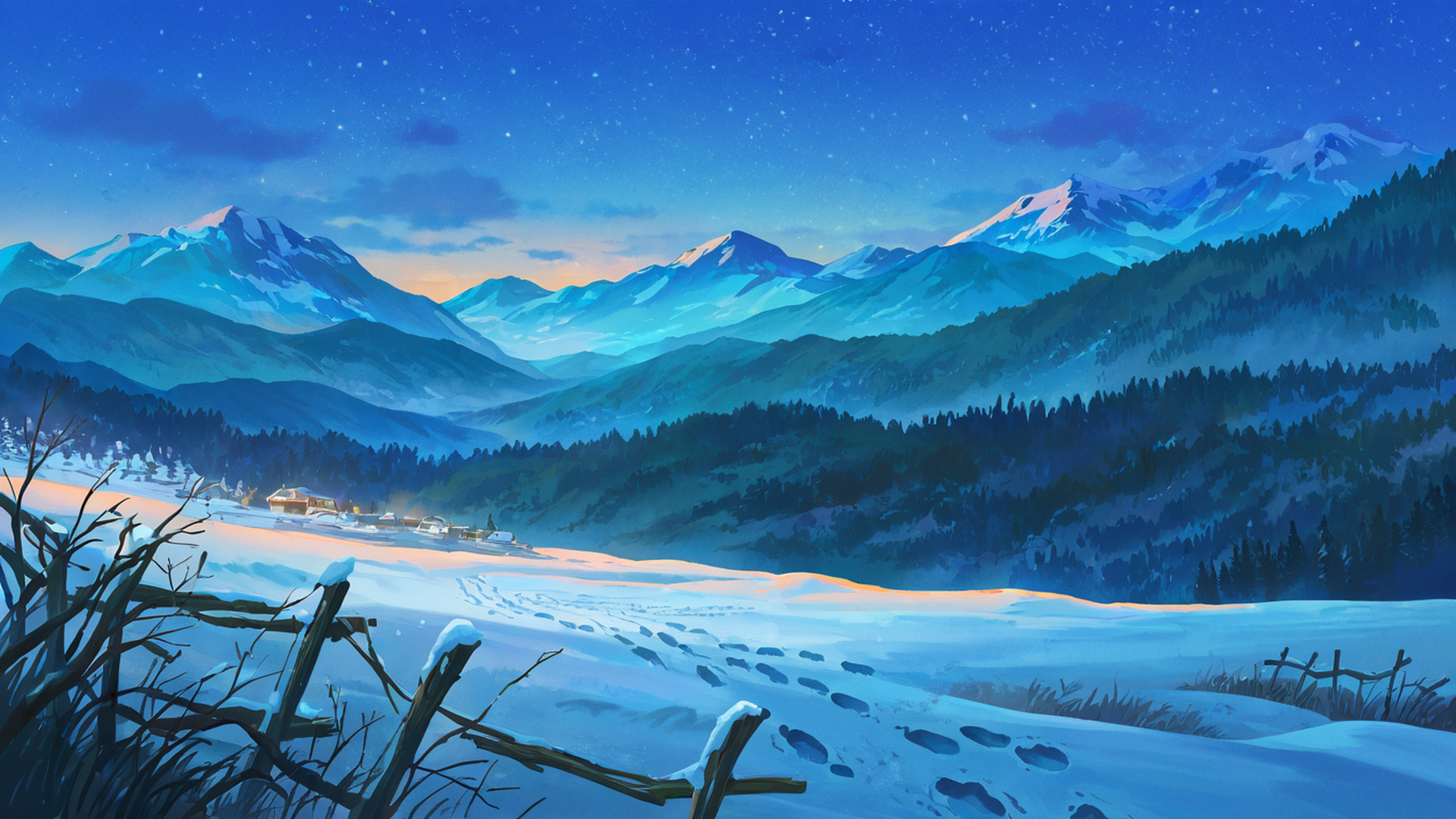 snowy mountain village lofi wallpaper