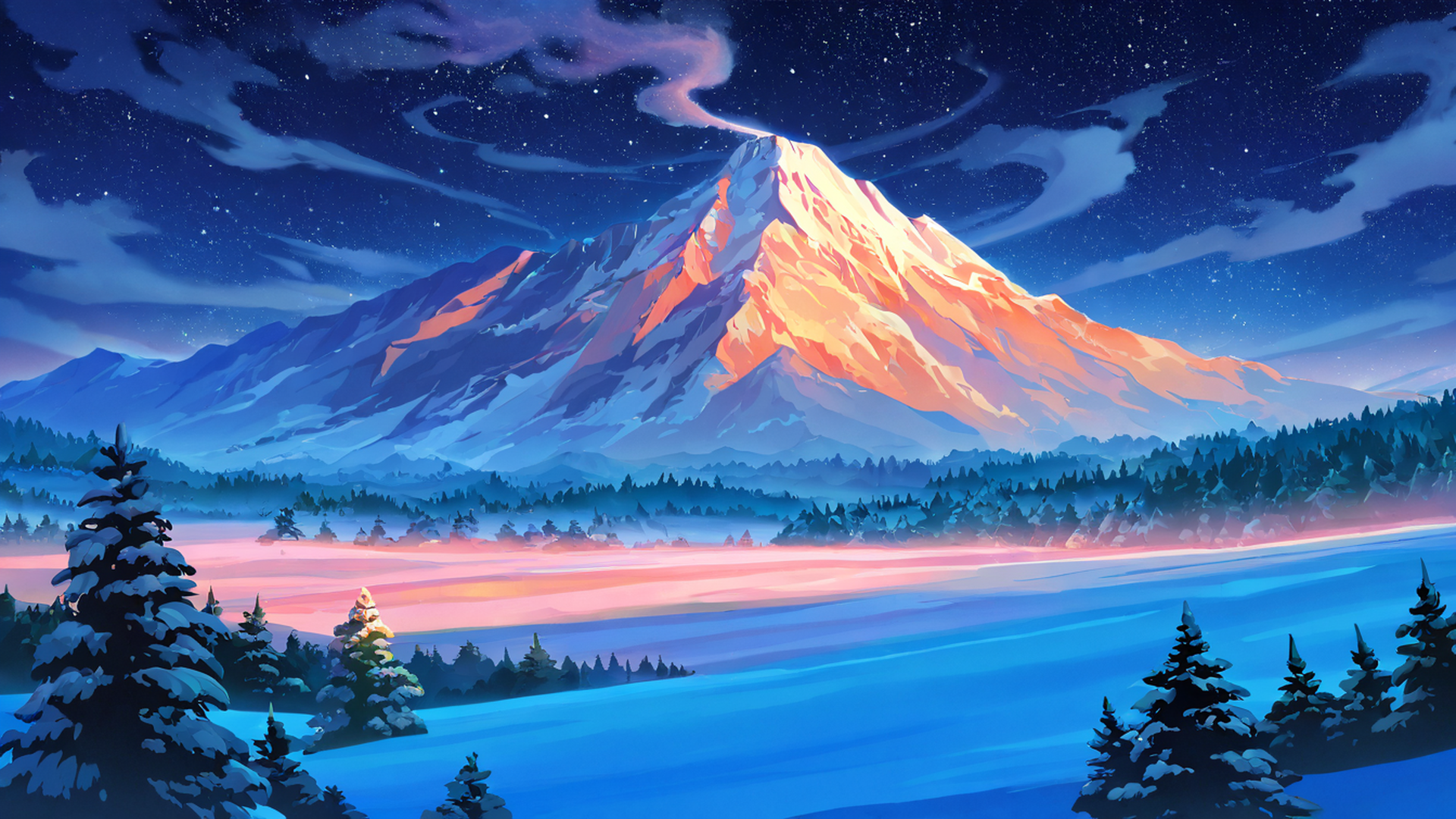 snowy mountain village lofi wallpaper
