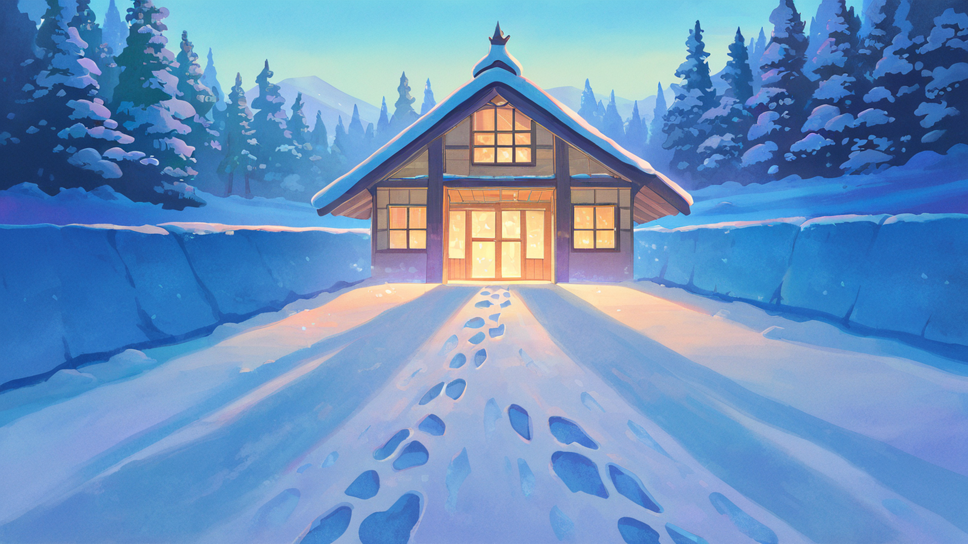 snowy mountain village lofi wallpaper