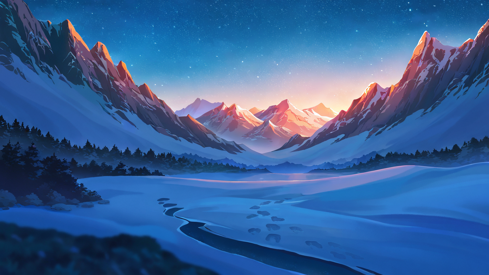 snowy mountain village lofi wallpaper