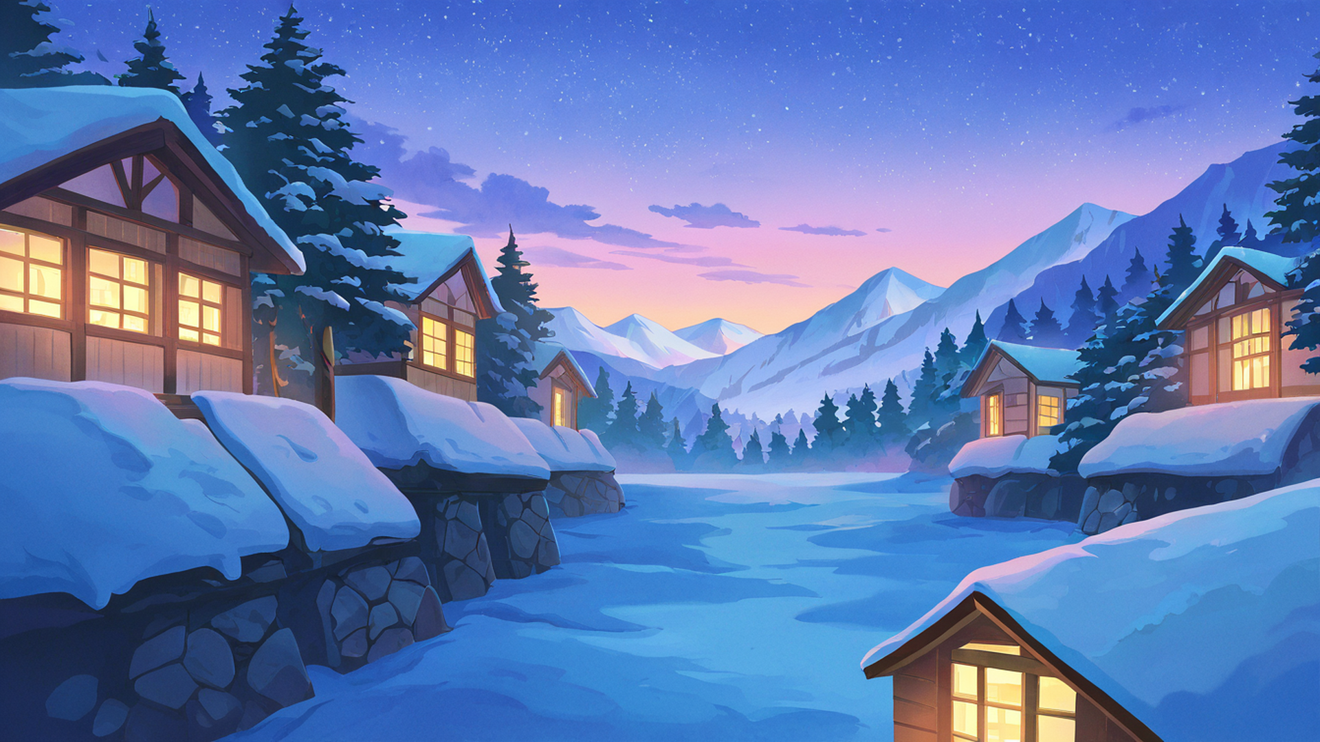 snowy mountain village lofi wallpaper