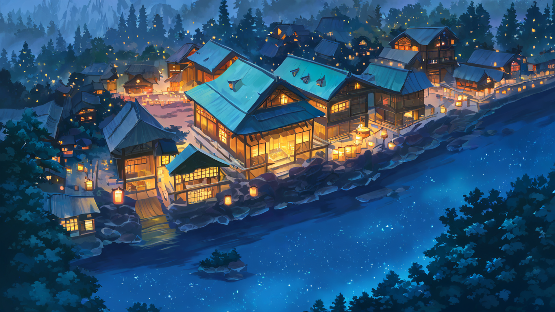 snowy mountain village lofi wallpaper