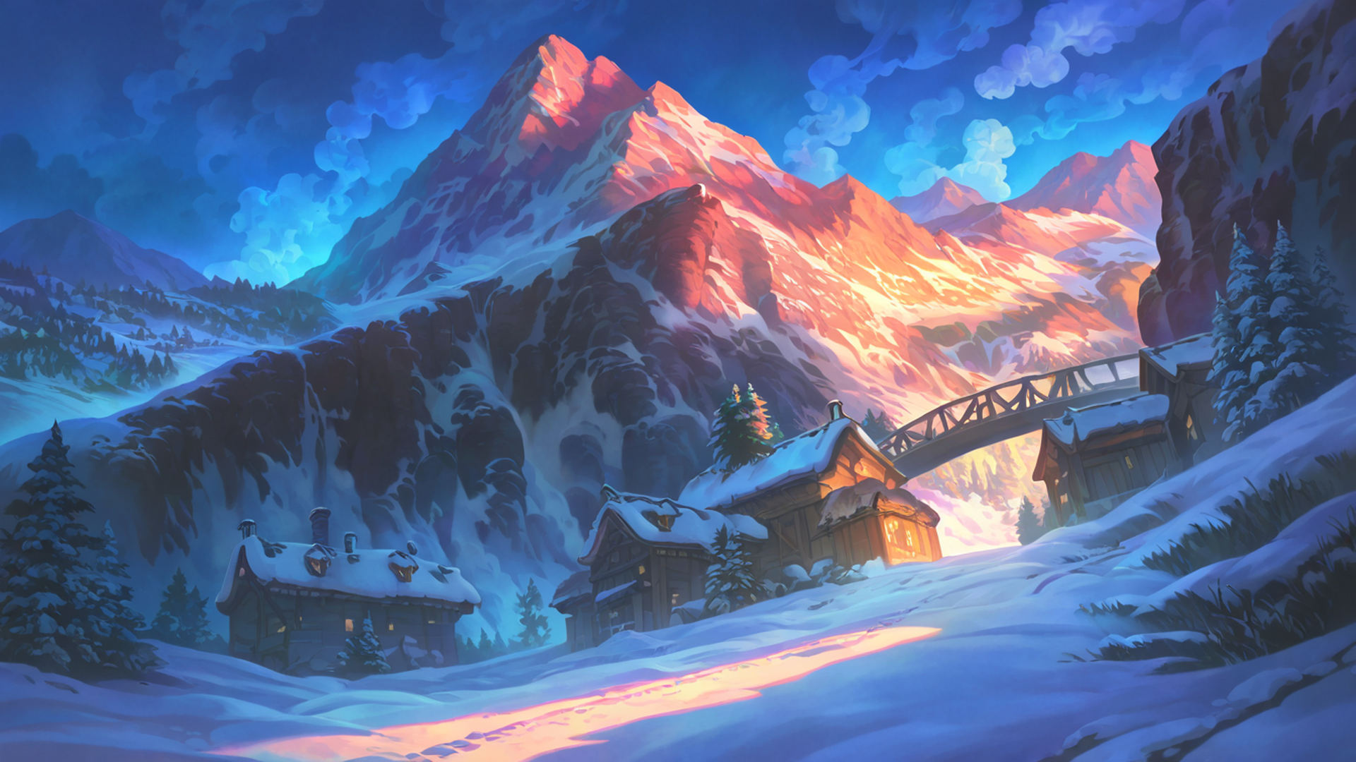snowy mountain village lofi wallpaper