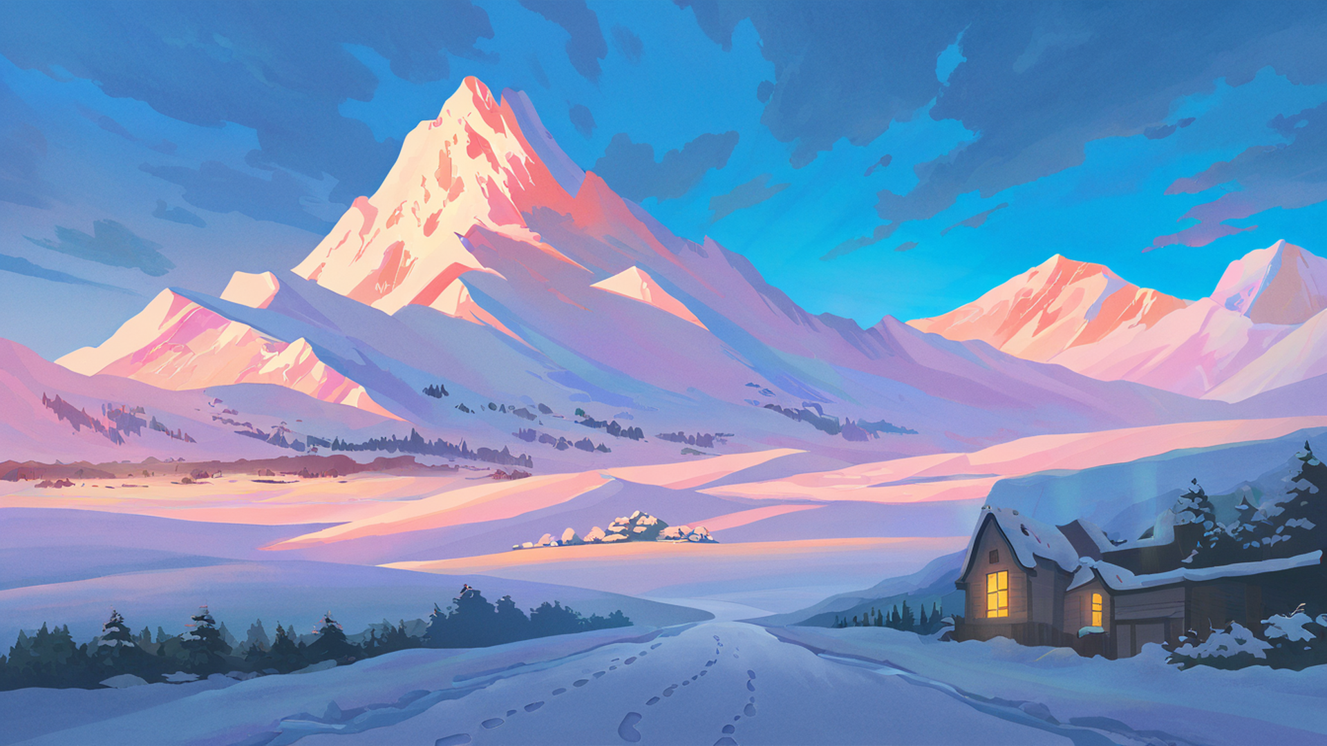 snowy mountain village lofi wallpaper