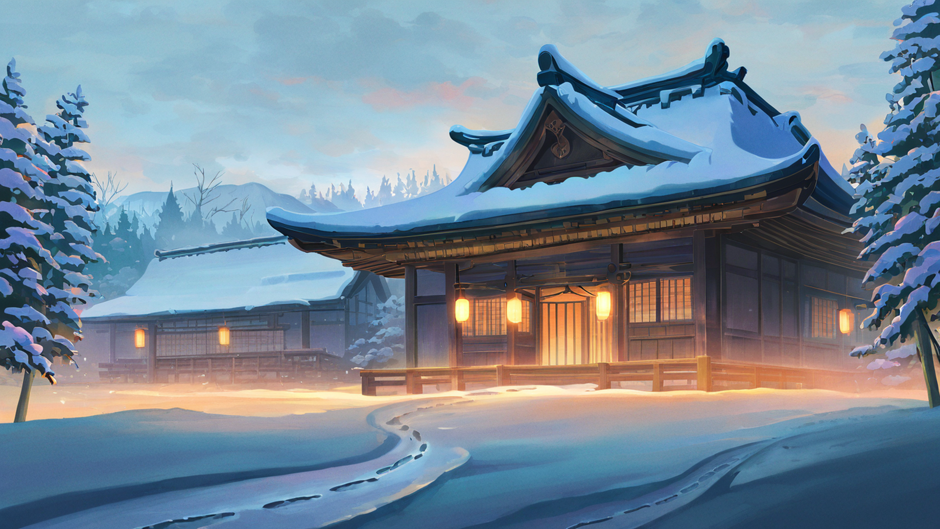 snowy mountain village lofi wallpaper