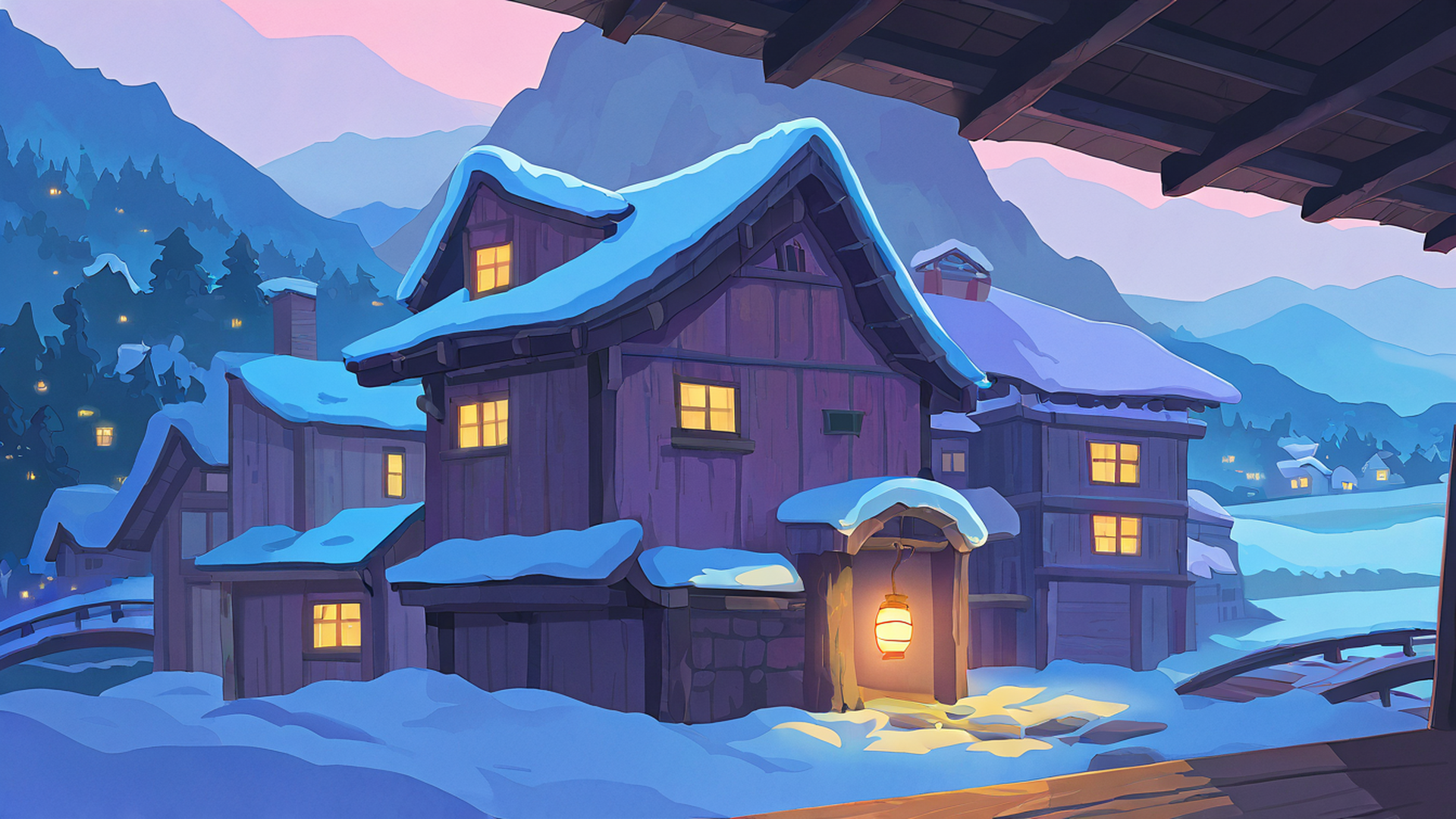 snowy mountain village lofi wallpaper