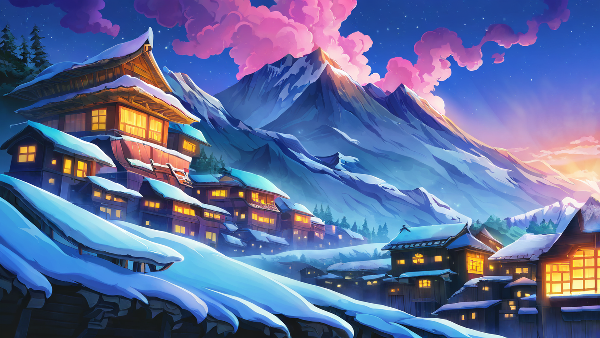 snowy mountain village lofi wallpaper